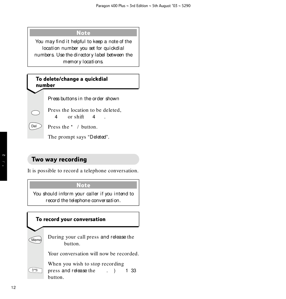 BT 400 Plus manual Two way recording, To delete/change a quickdial number, To record your conversation 