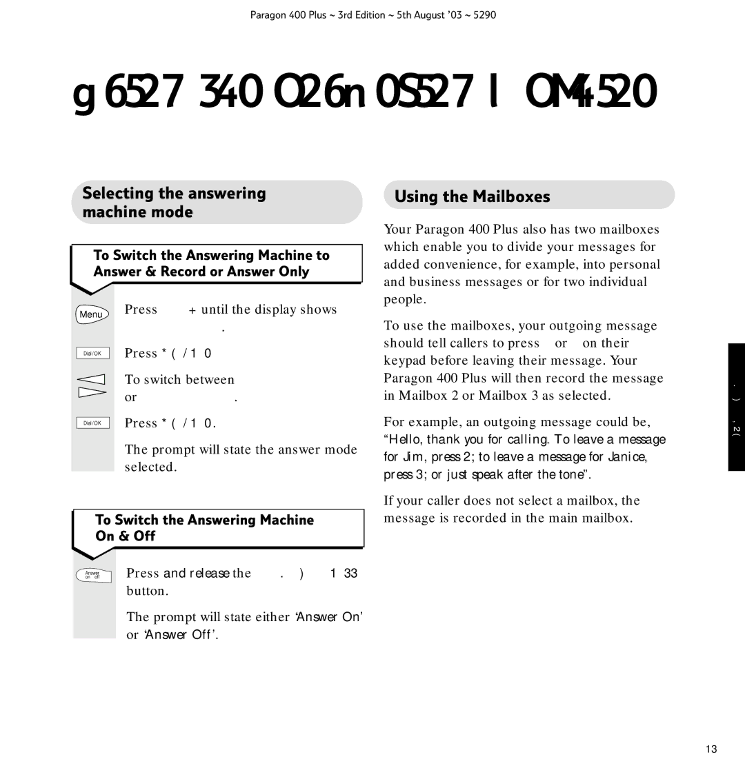 BT 400 Plus manual Using the answering machine, Selecting the answering machine mode, Using the Mailboxes 