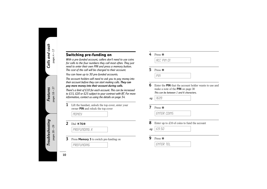 BT 400 manual Switching pre-funding on, Dial S76H, Press Memory 3 to switch pre-funding on 