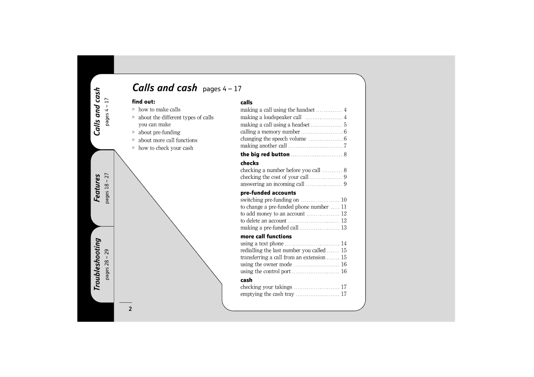 BT 400 manual Cash, Calls Features Troubleshooting 