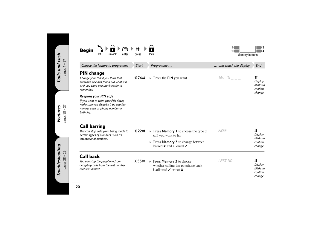 BT 400 manual Calls and cash, PIN change, Call barring, Call back 