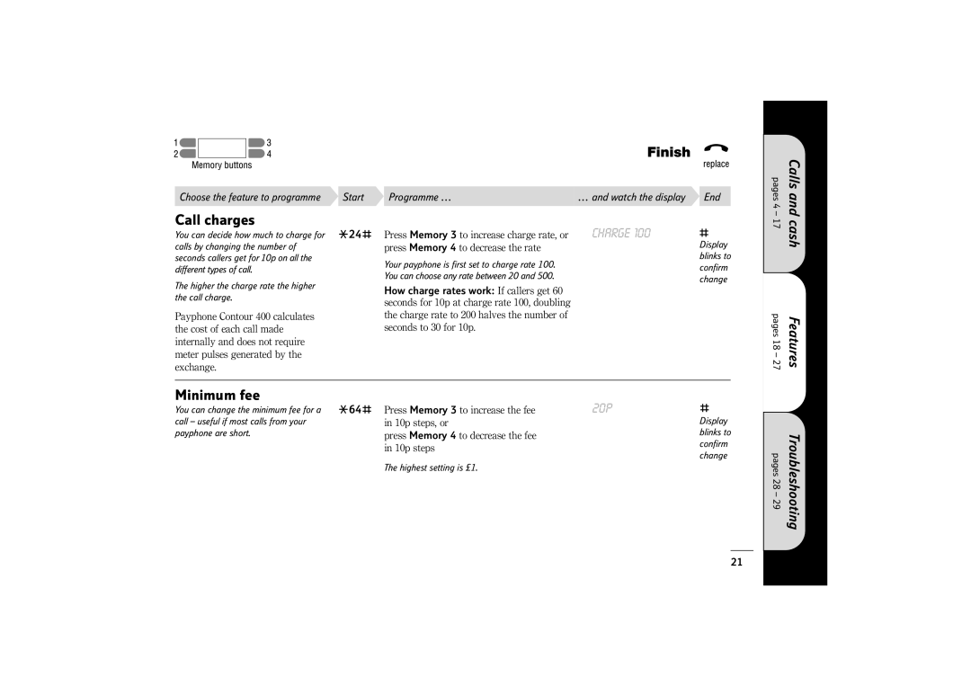 BT 400 manual Call charges, Charge, Minimum fee, How charge rates work If callers get 