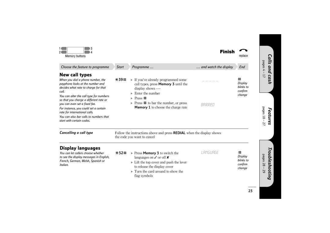 BT 400 manual New call types, Calls and cash Features, Display languages, Language 