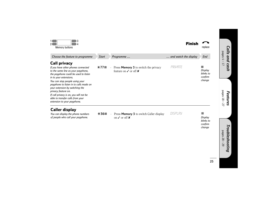 BT 400 manual Call privacy, Caller display 