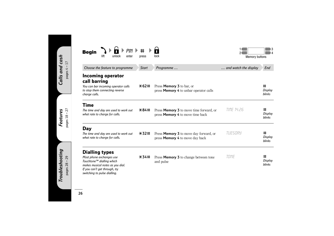 BT 400 manual Incoming operator call barring, Time, Day, Dialling types, Tone 