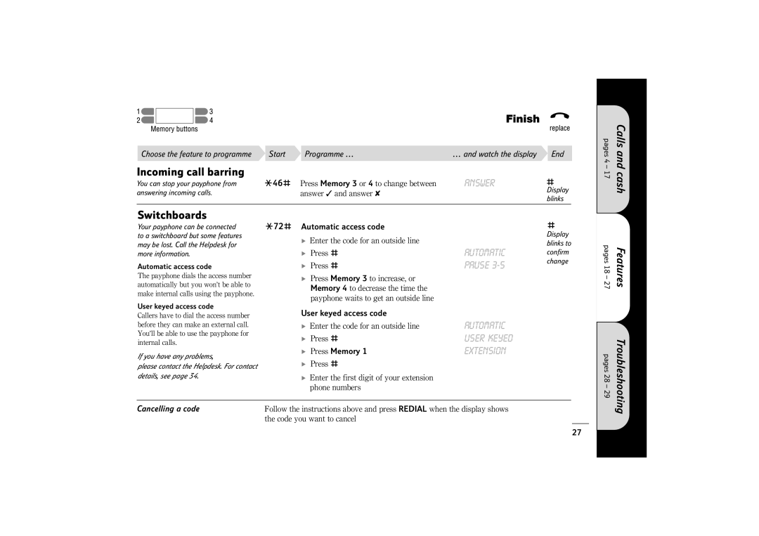 BT 400 manual Incoming call barring, Switchboards, Pause, S72H Automatic access code 