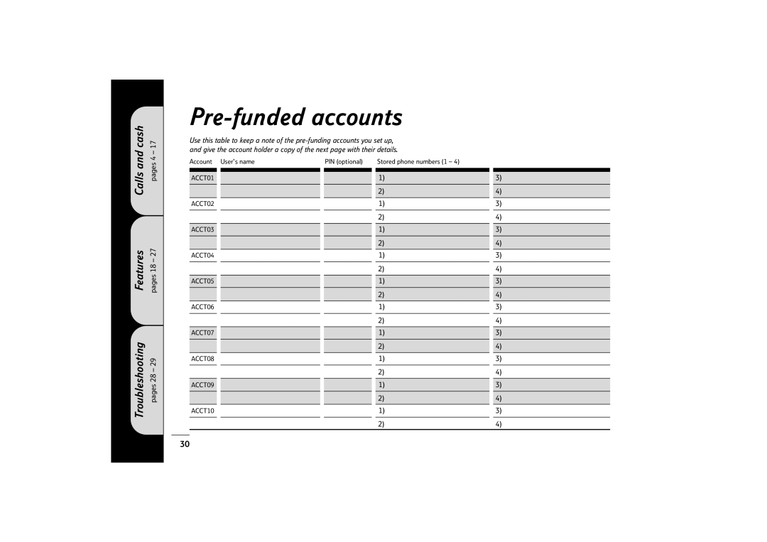 BT 400 manual Pre-funded accounts, Cash 