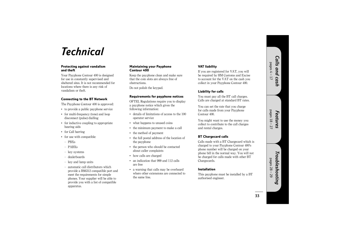 BT 400 manual Technical, Protecting against vandalism and theft 