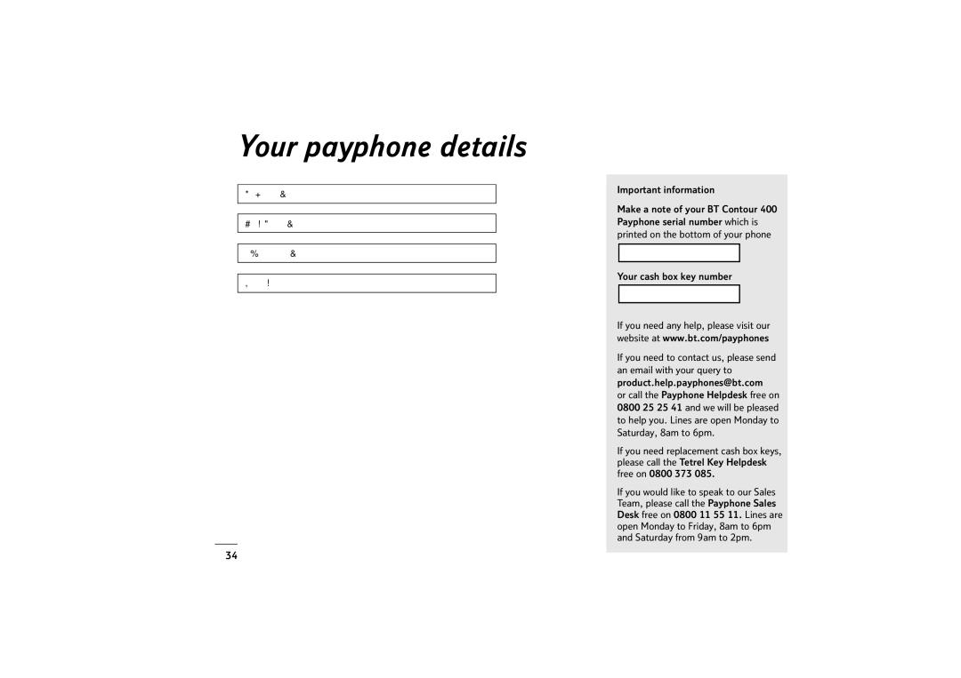 BT 400 manual Your payphone details 