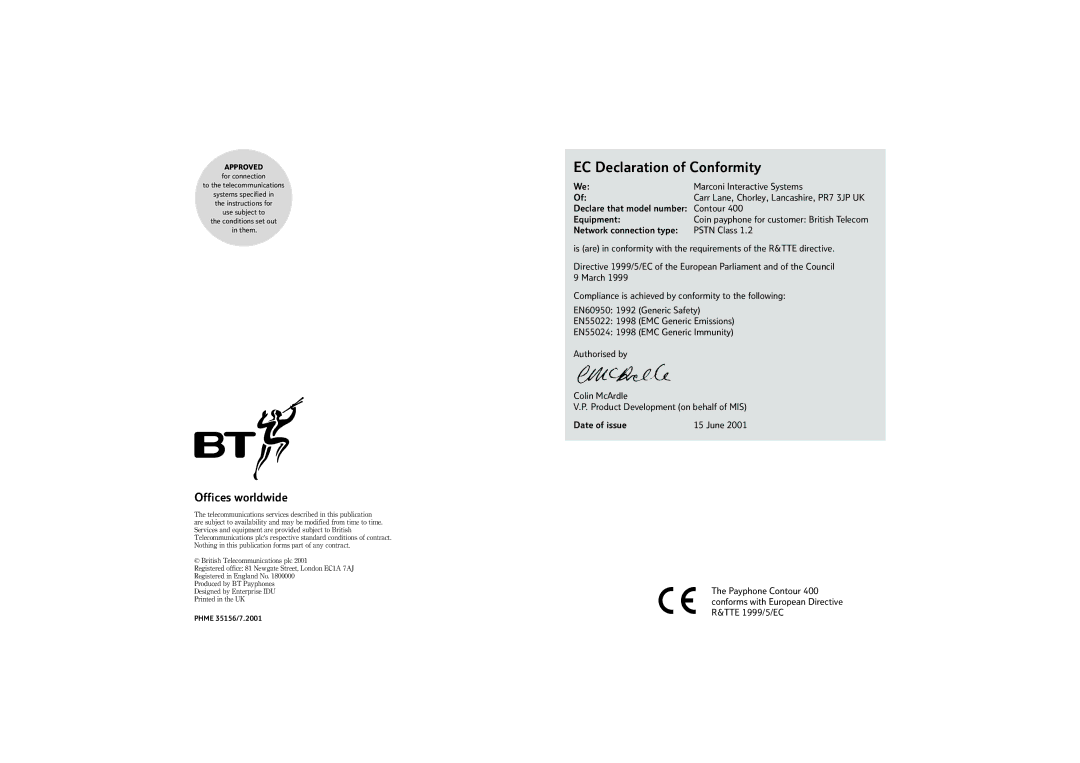 BT 400 manual Offices worldwide, Approved 