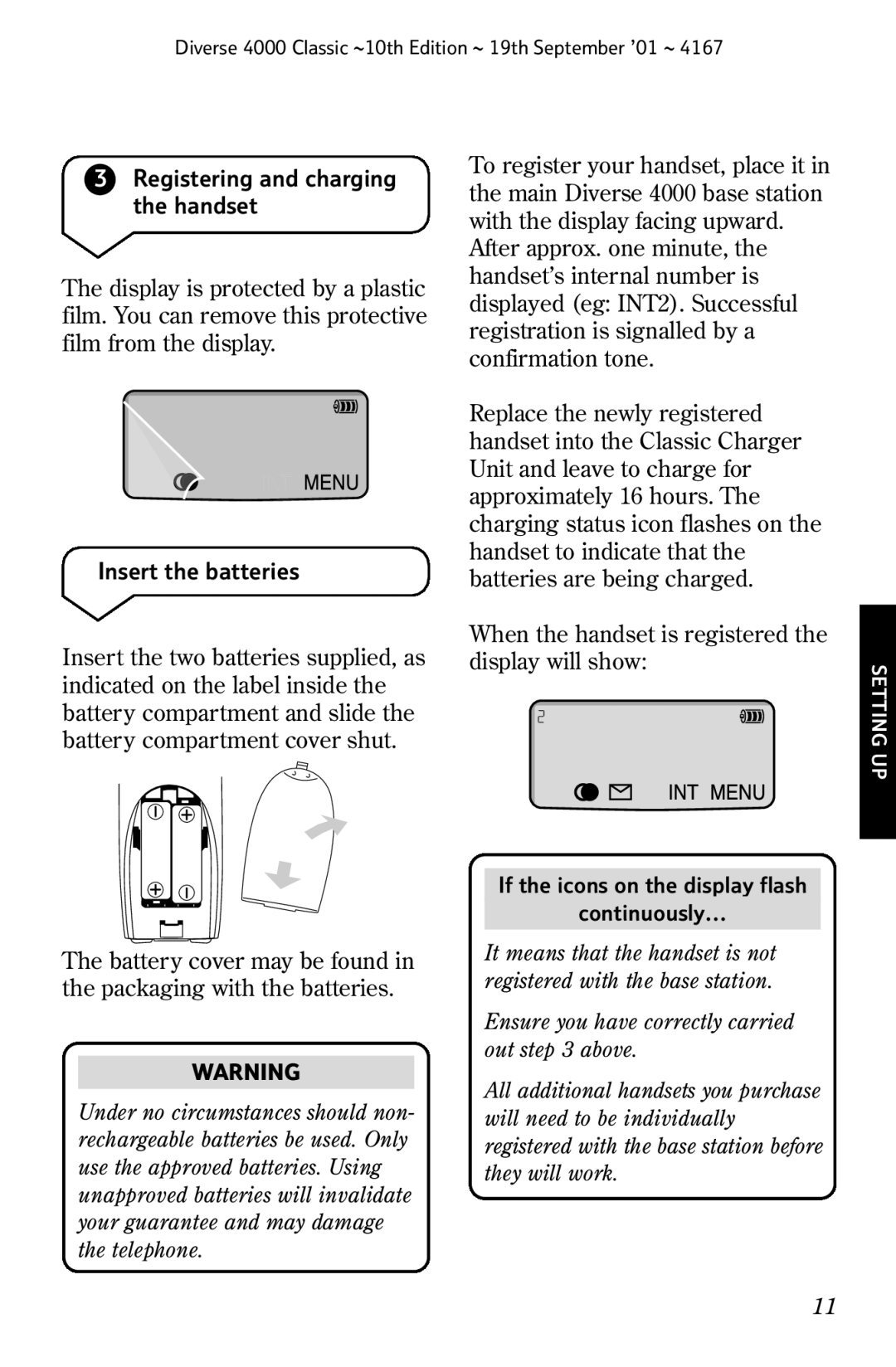 BT 4000 Classic manual Registering and charging the handset, Insert the batteries 