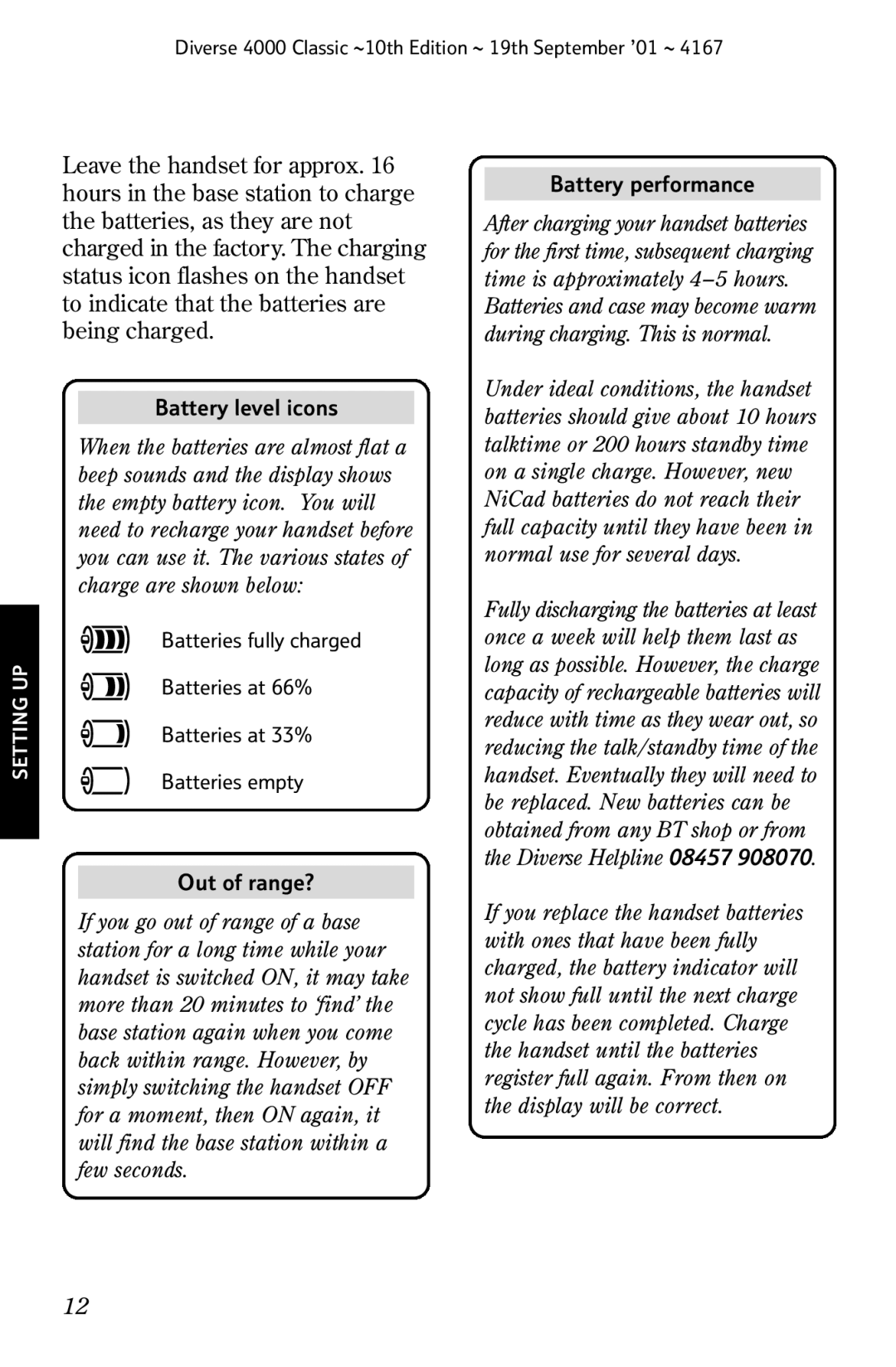 BT 4000 Classic manual Battery level icons, Out of range?, Battery performance 