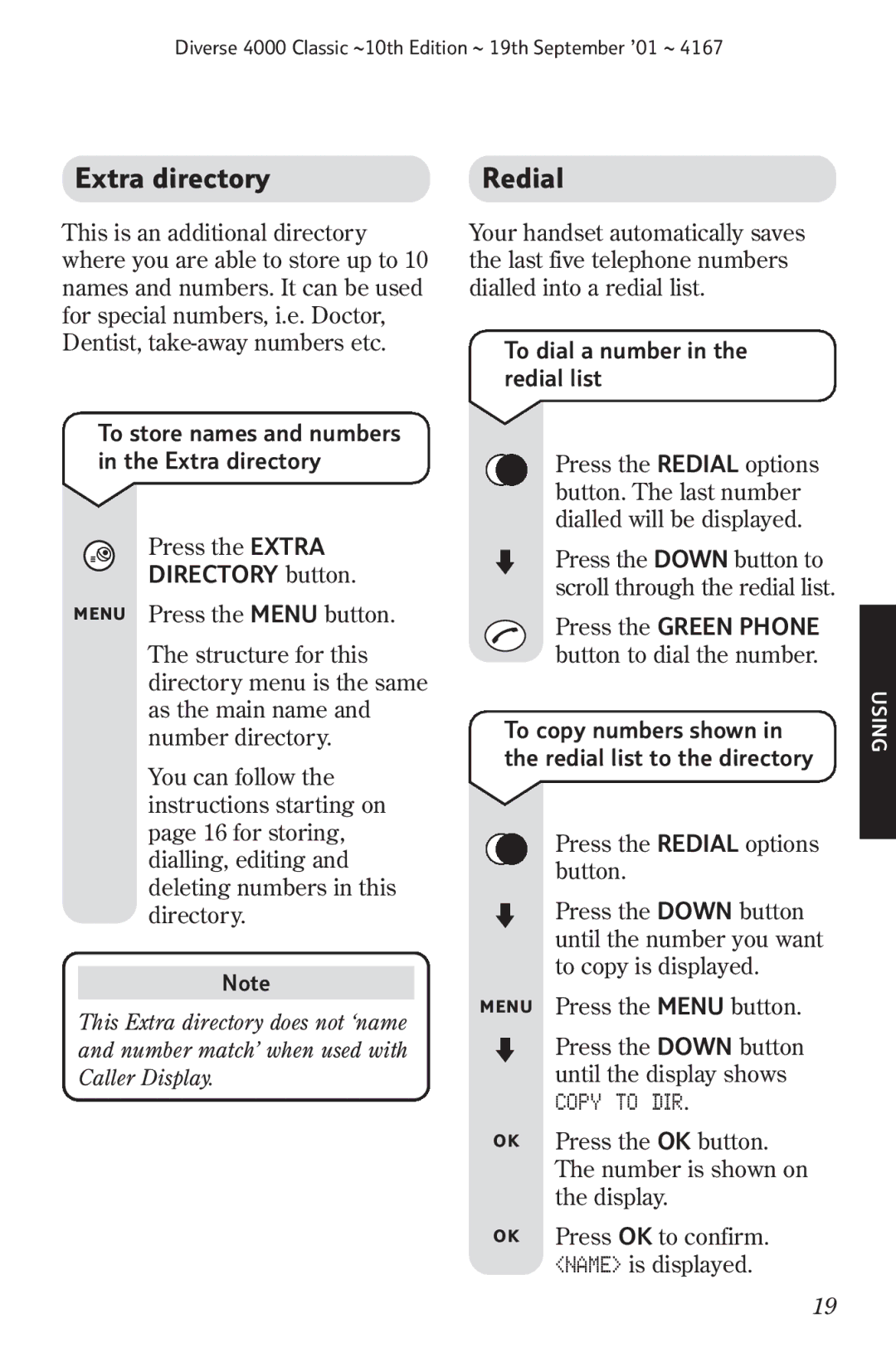 BT 4000 Classic manual Extra directory, Directory button, To dial a number in the redial list, Copy to DIR 