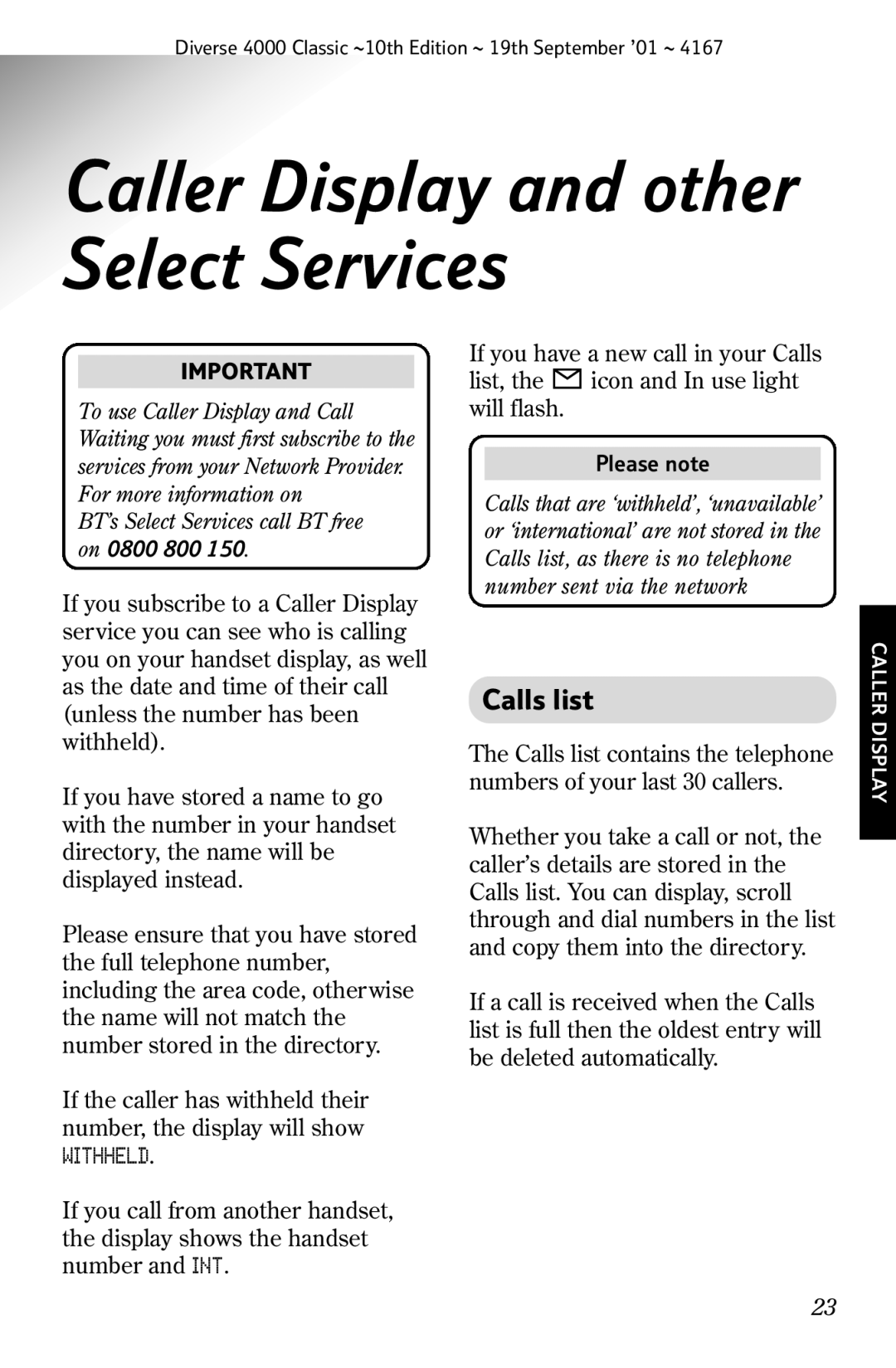 BT 4000 Classic manual Caller Display and other Select Services, Calls list, Withheld 