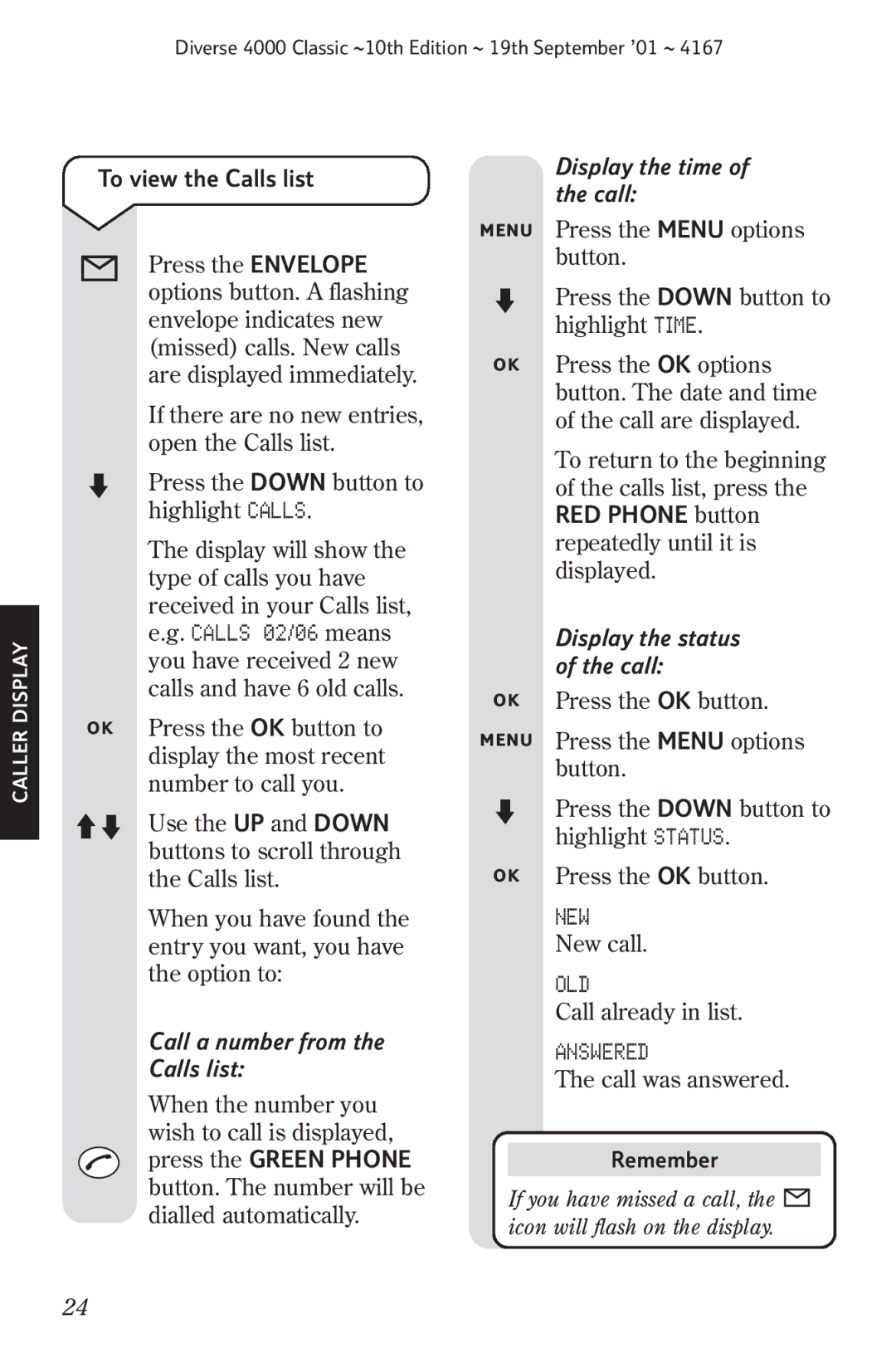 BT 4000 Classic manual To view the Calls list, New, Old, Answered, Remember 