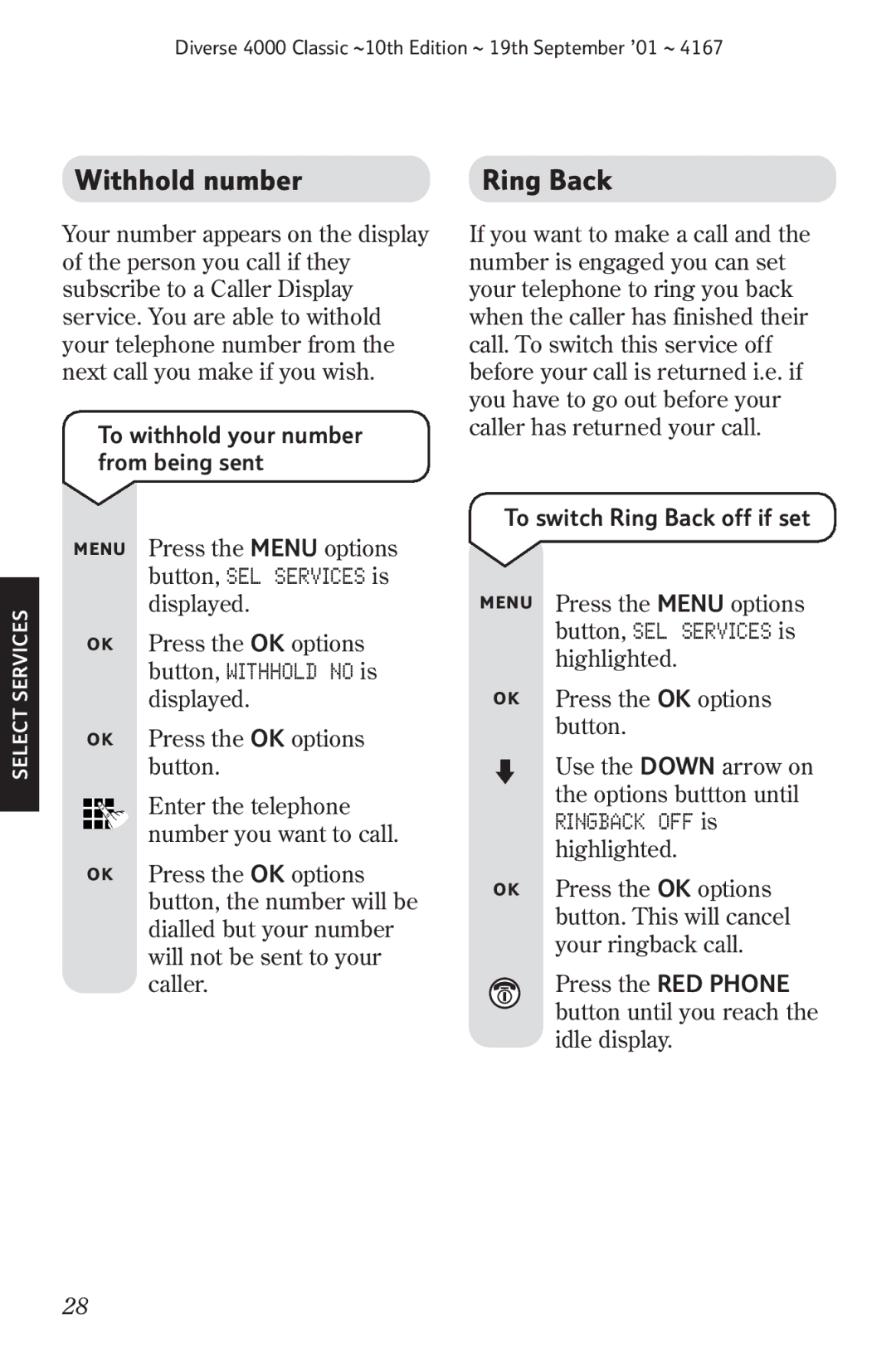 BT 4000 Classic manual Withhold number, To switch Ring Back off if set 