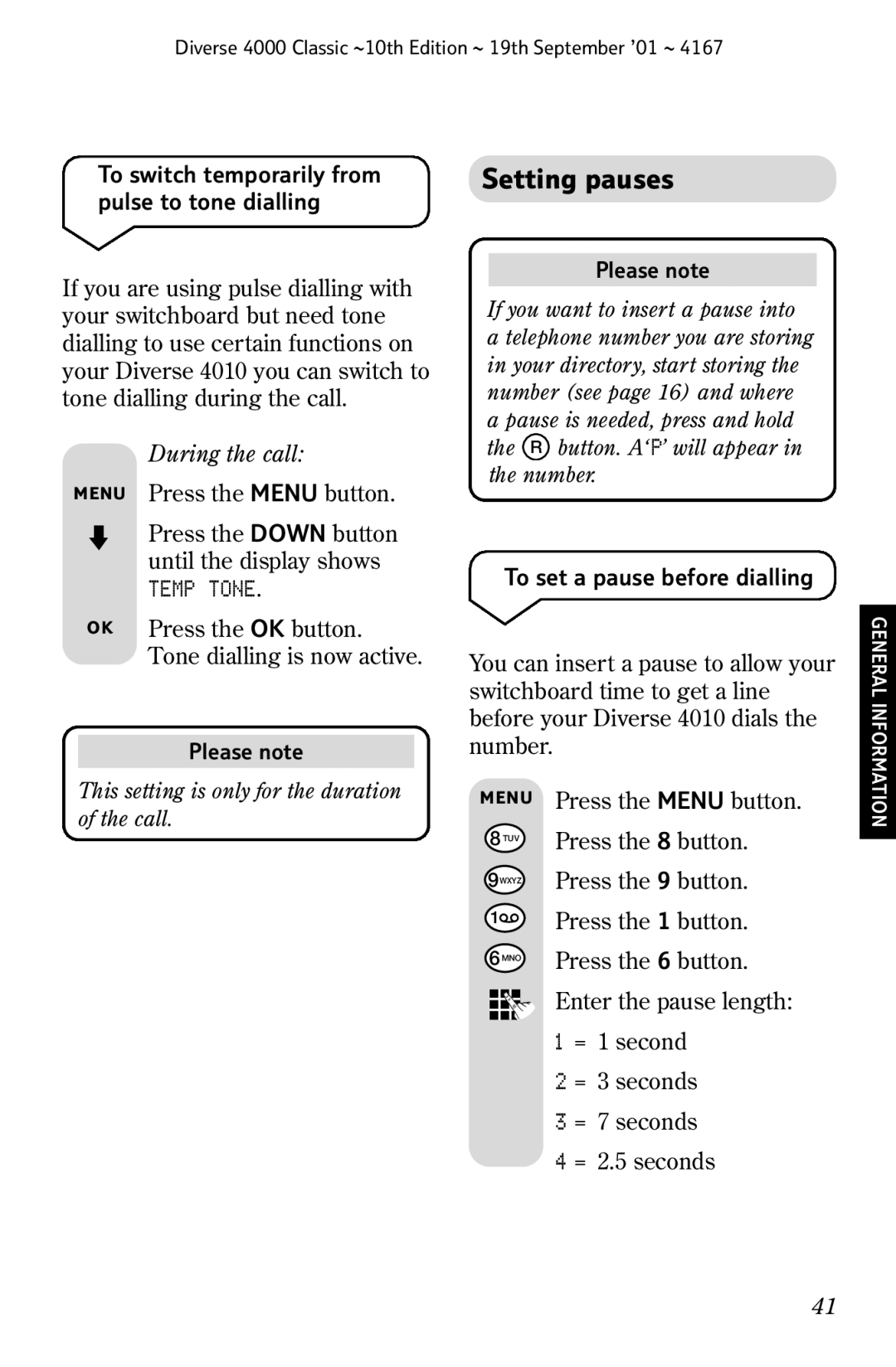 BT 4000 Classic manual Setting pauses, During the call, Temp Tone, This setting is only for the duration of the call 