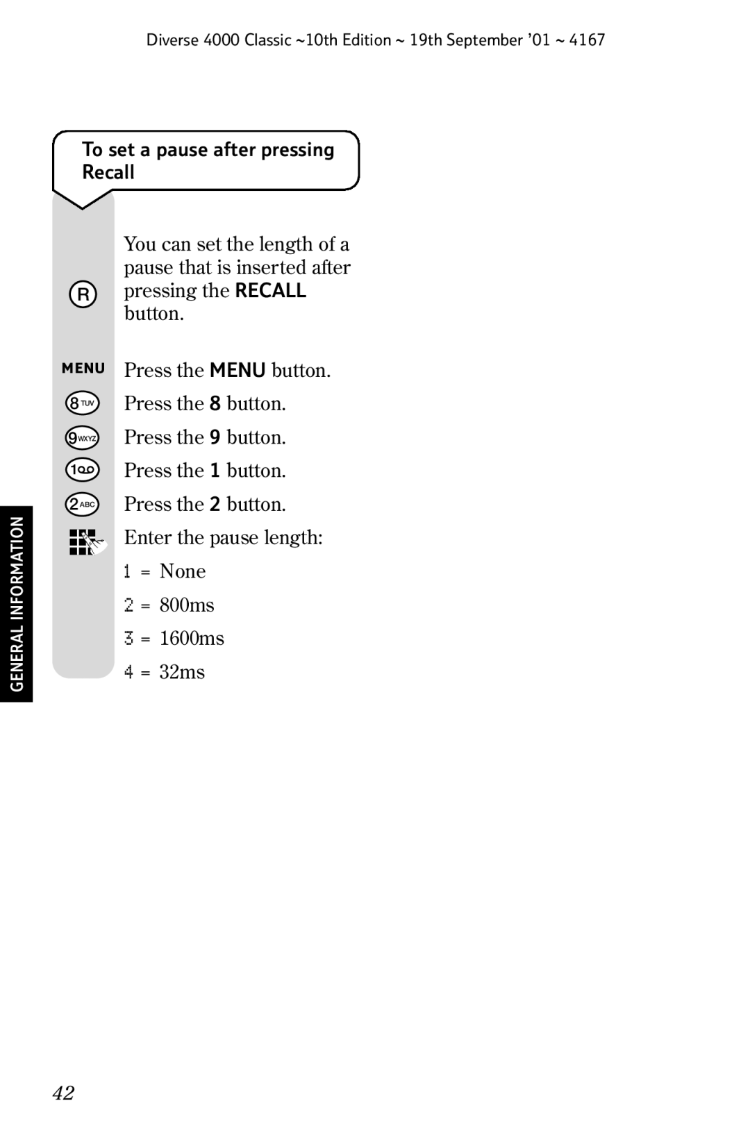 BT 4000 Classic manual To set a pause after pressing Recall 