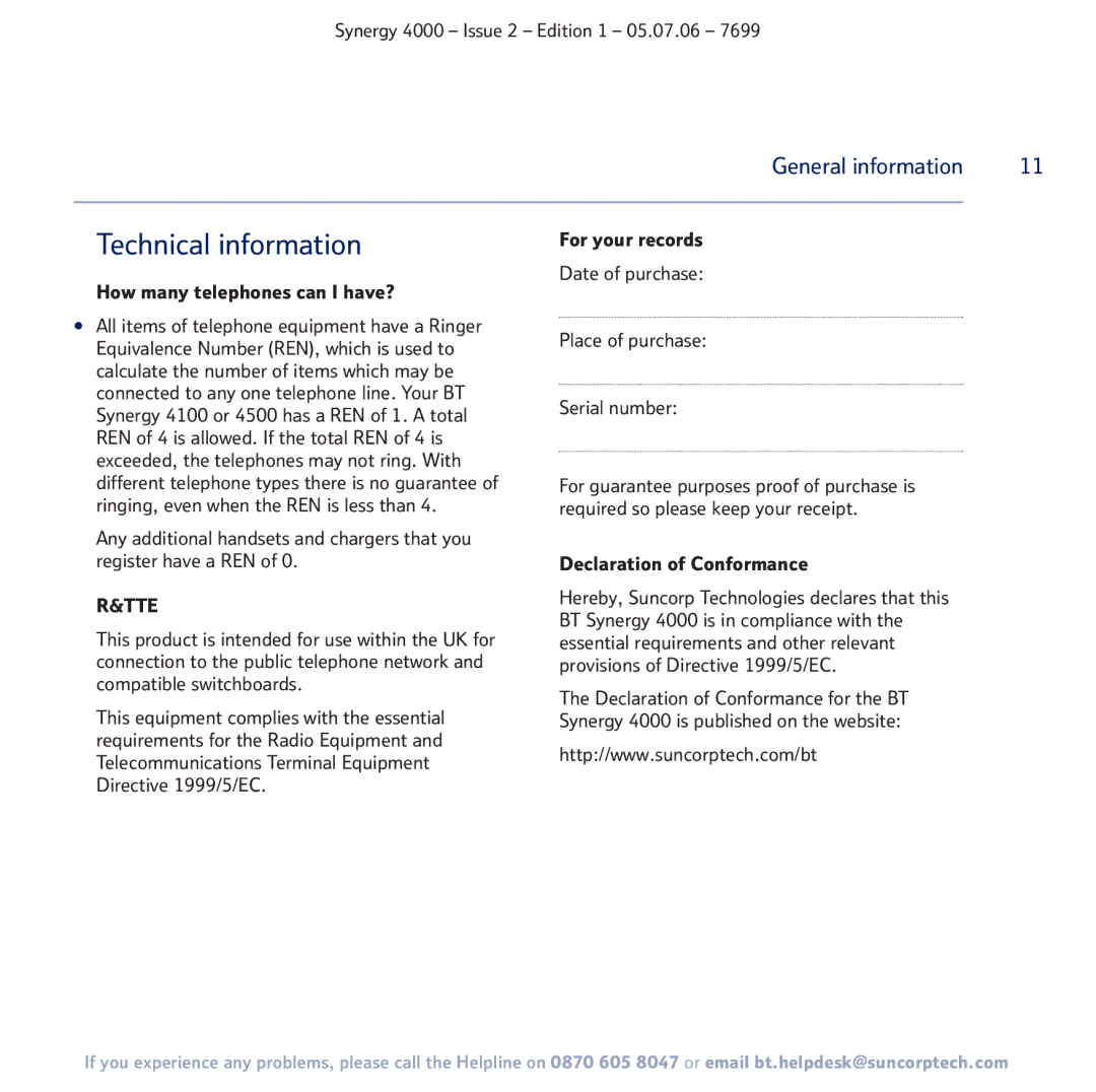 BT 4000 manual Technical information, How many telephones can I have?, Place of purchase Serial number 