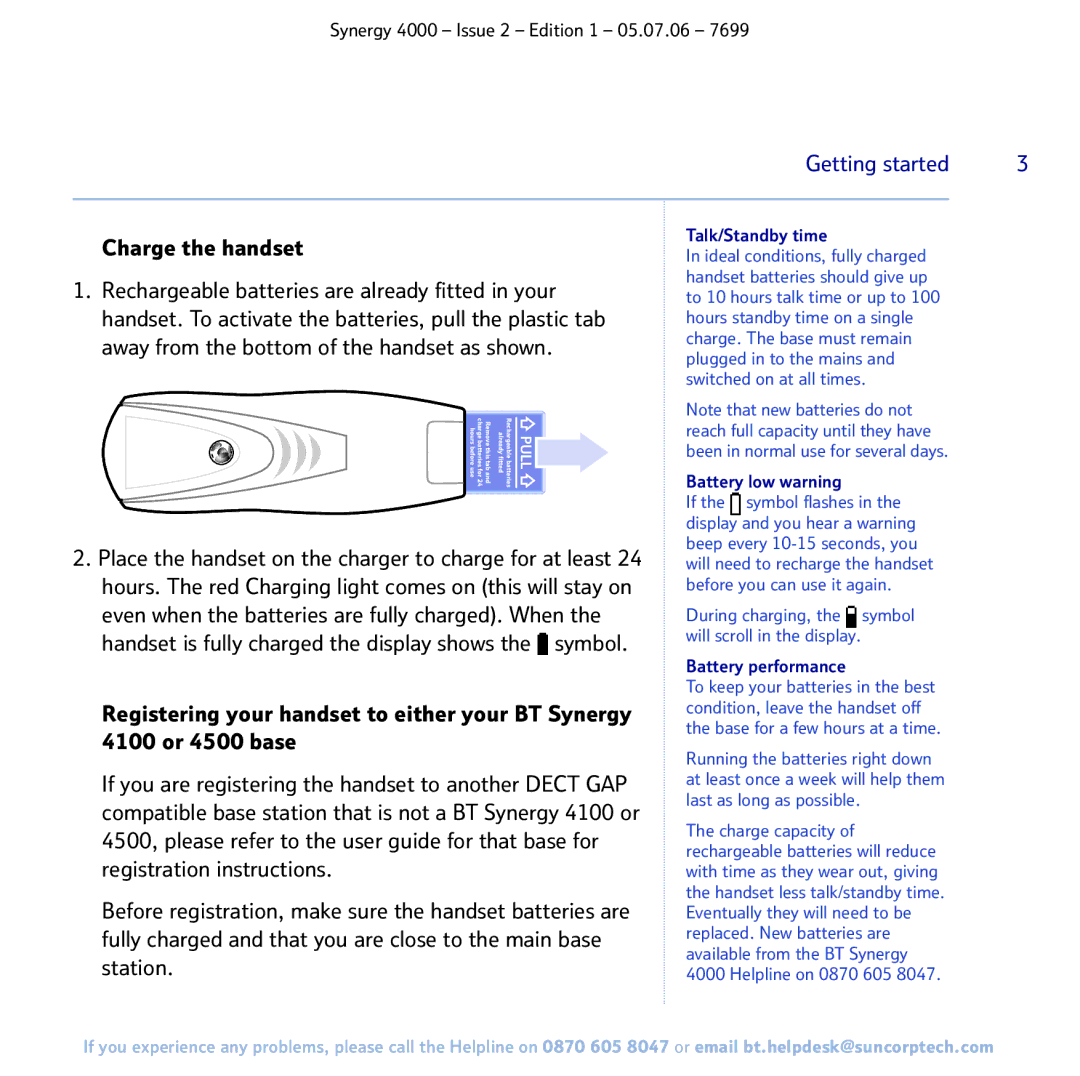 BT 4000 manual Charge the handset, Getting started 