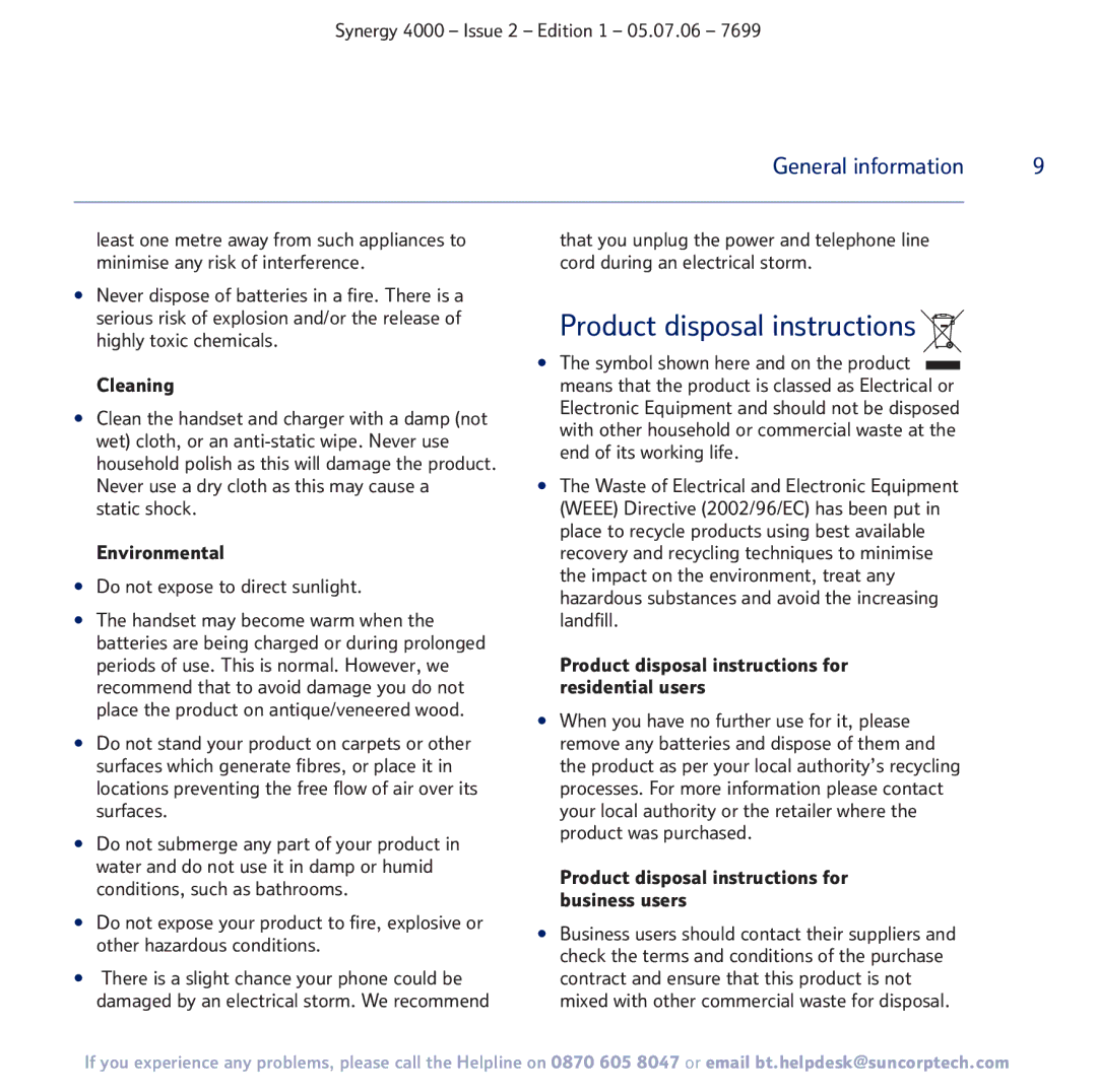 BT 4000 manual Product disposal instructions for residential users, Product disposal instructions for business users 