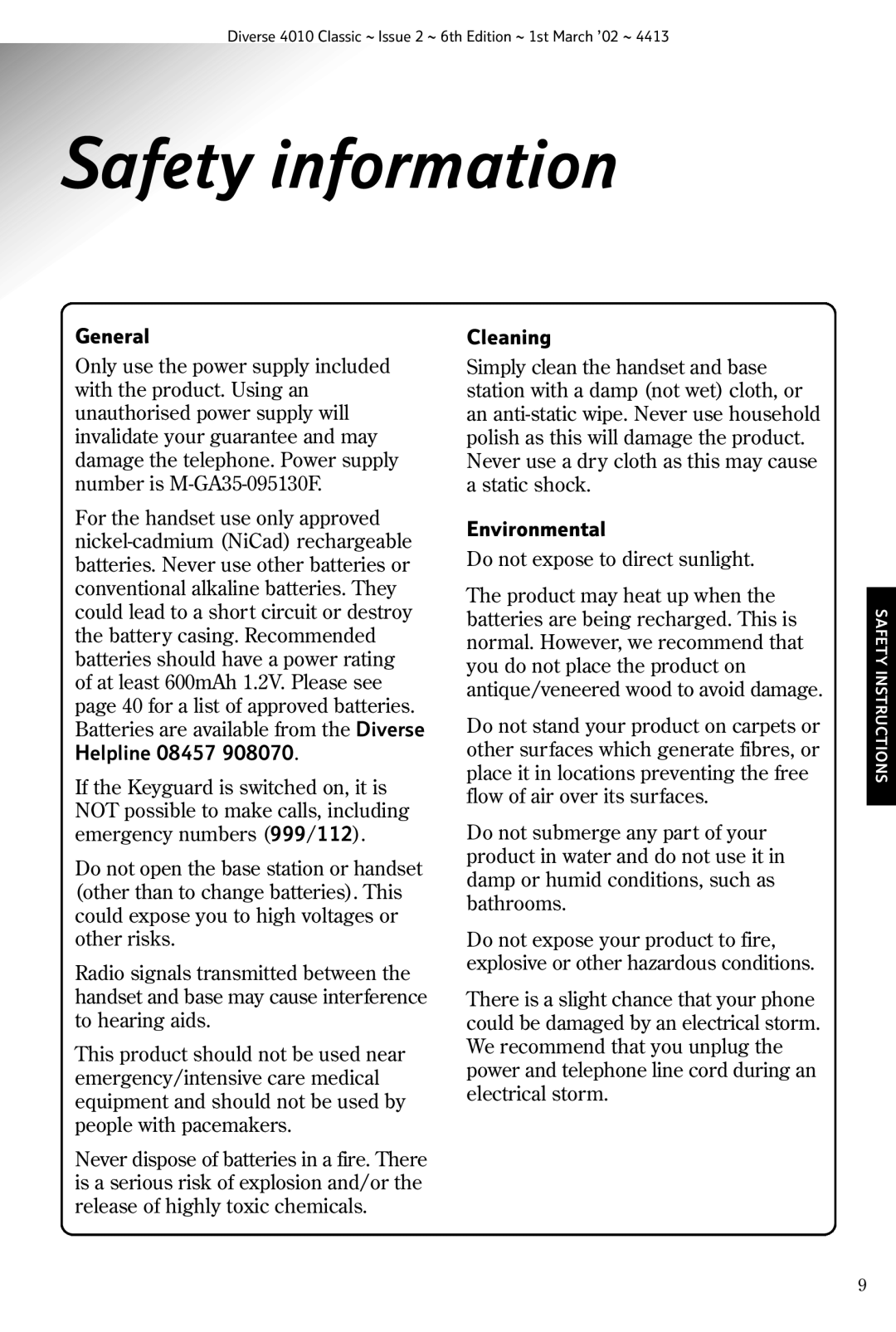 BT 4010 Classic manual Safety information, General, Environmental 