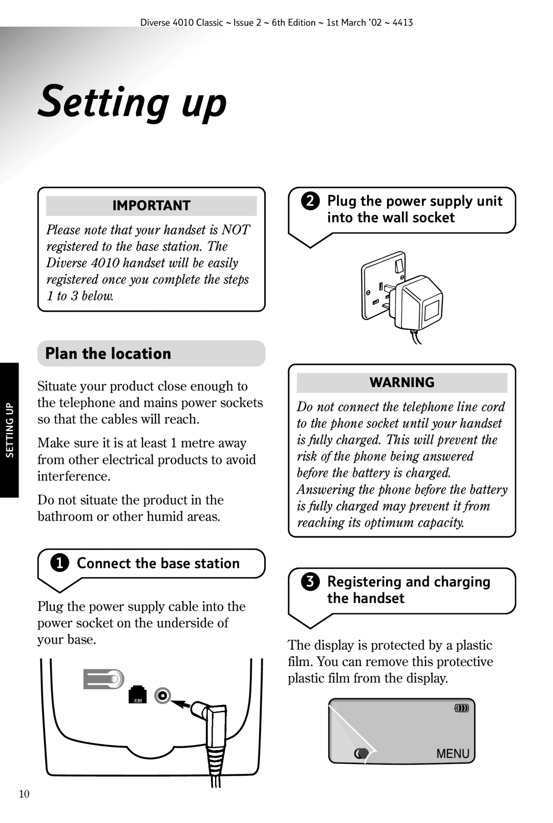 BT 4010 Classic Setting up, Plan the location, Plug the power supply unit into the wall socket, Connect the base station 