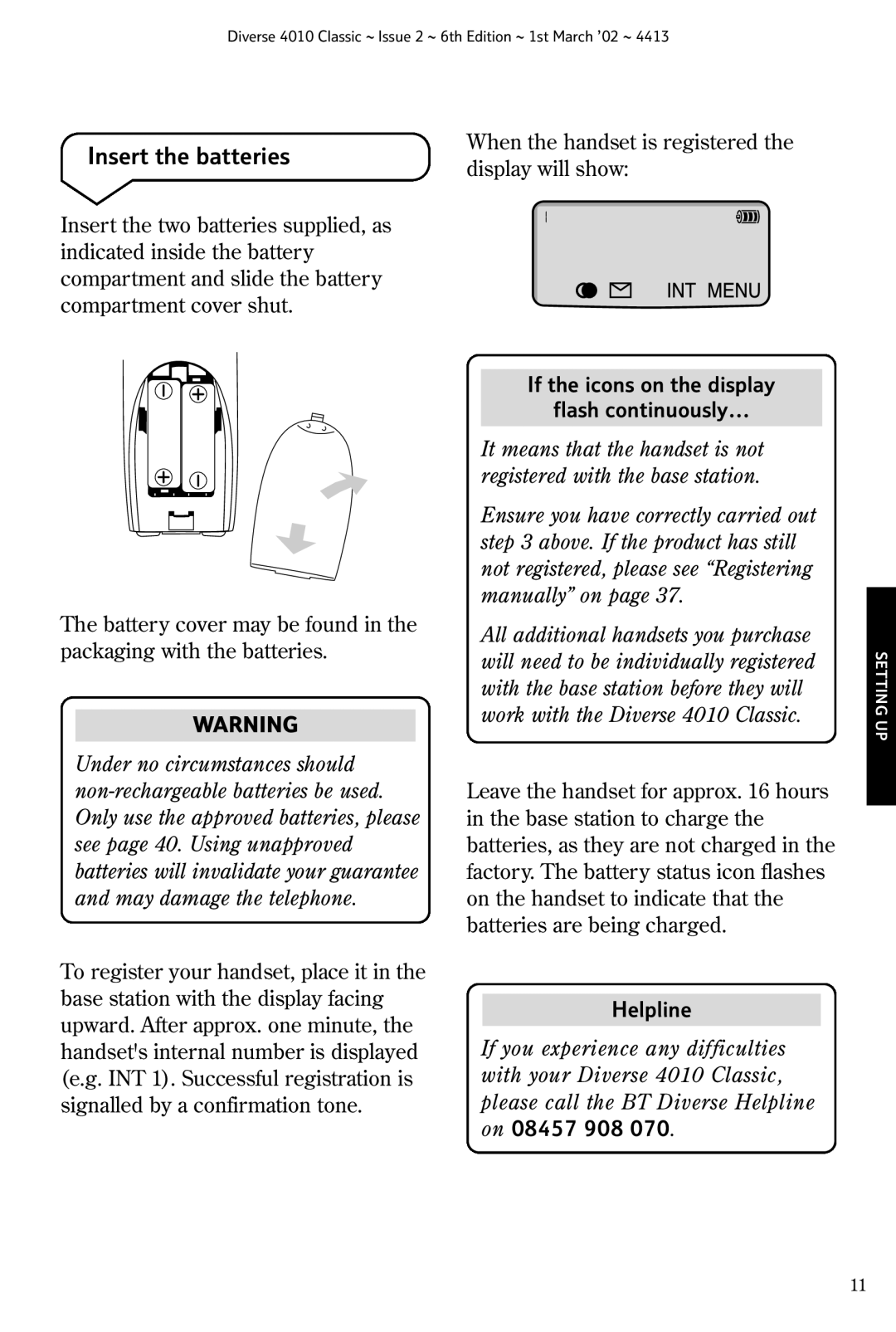 BT 4010 Classic manual Insert the batteries, If the icons on the display Flash continuously 