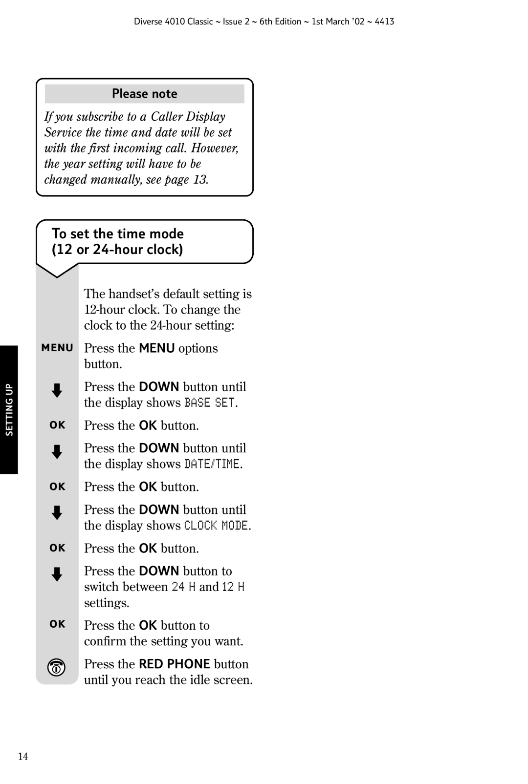 BT 4010 Classic manual Please note, To set the time mode 12 or 24-hour clock 