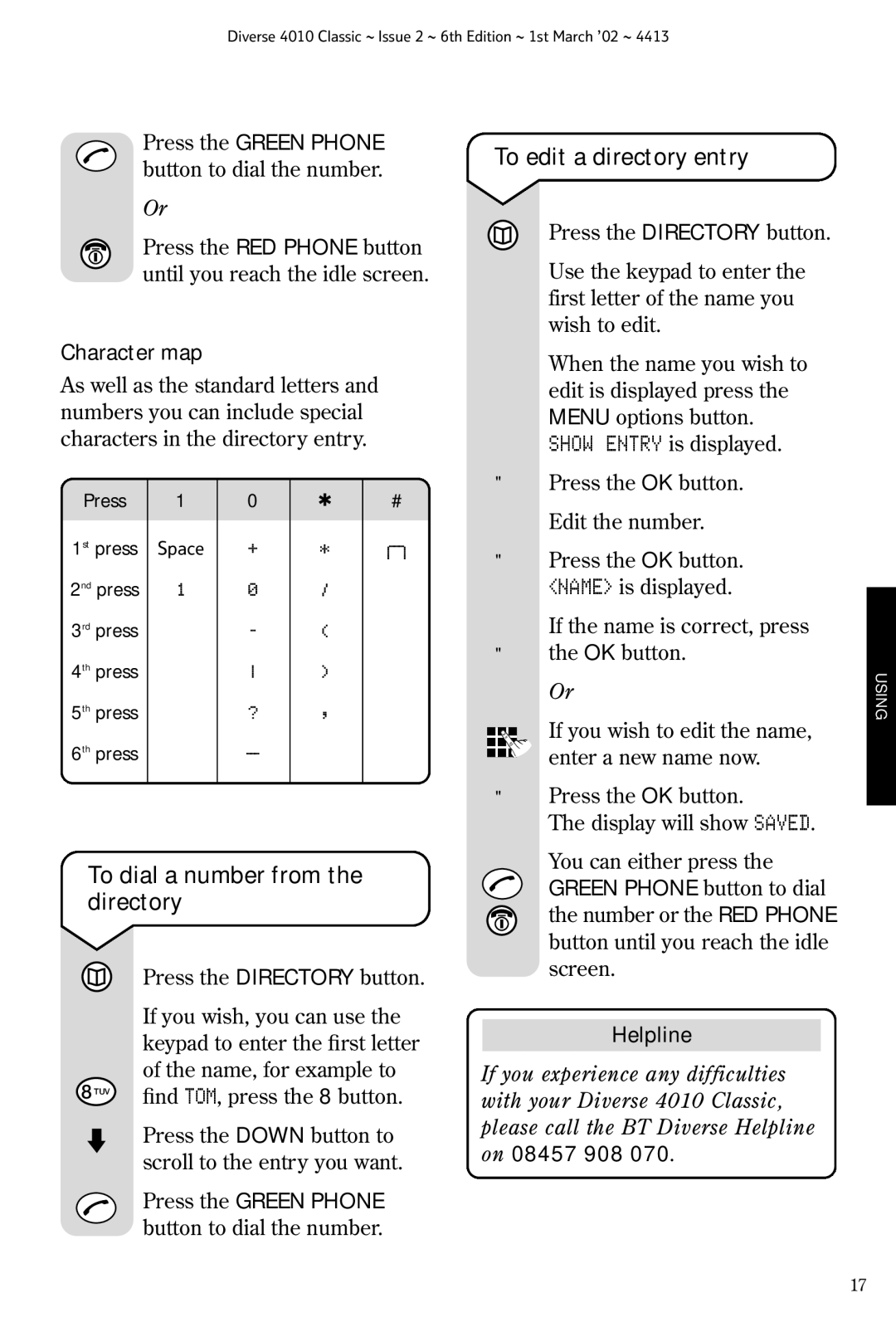 BT 4010 Classic manual To edit a directory entry, To dial a number from the directory, Character map 