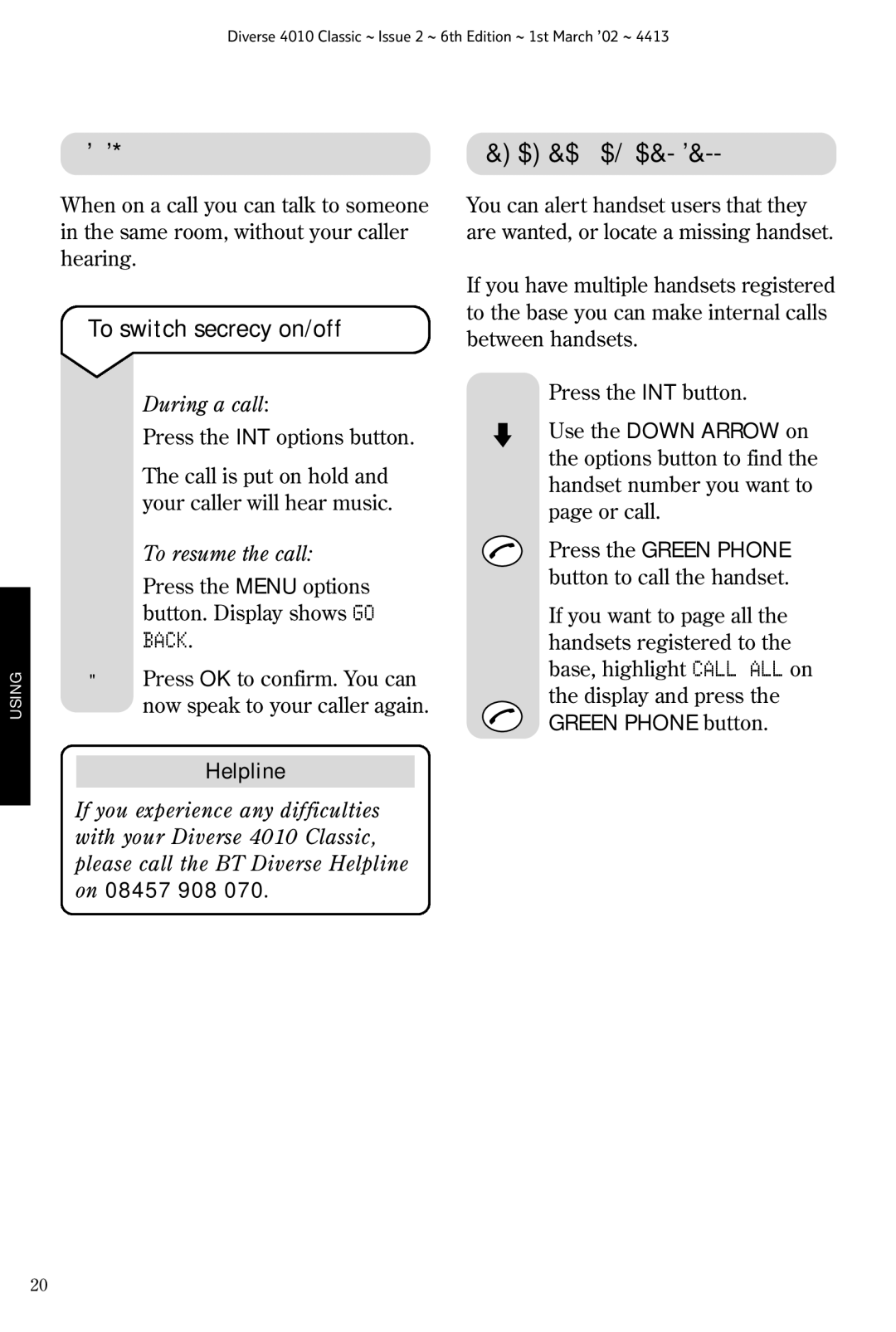 BT 4010 Classic manual Secrecy, Paging and internal calls, To switch secrecy on/off 