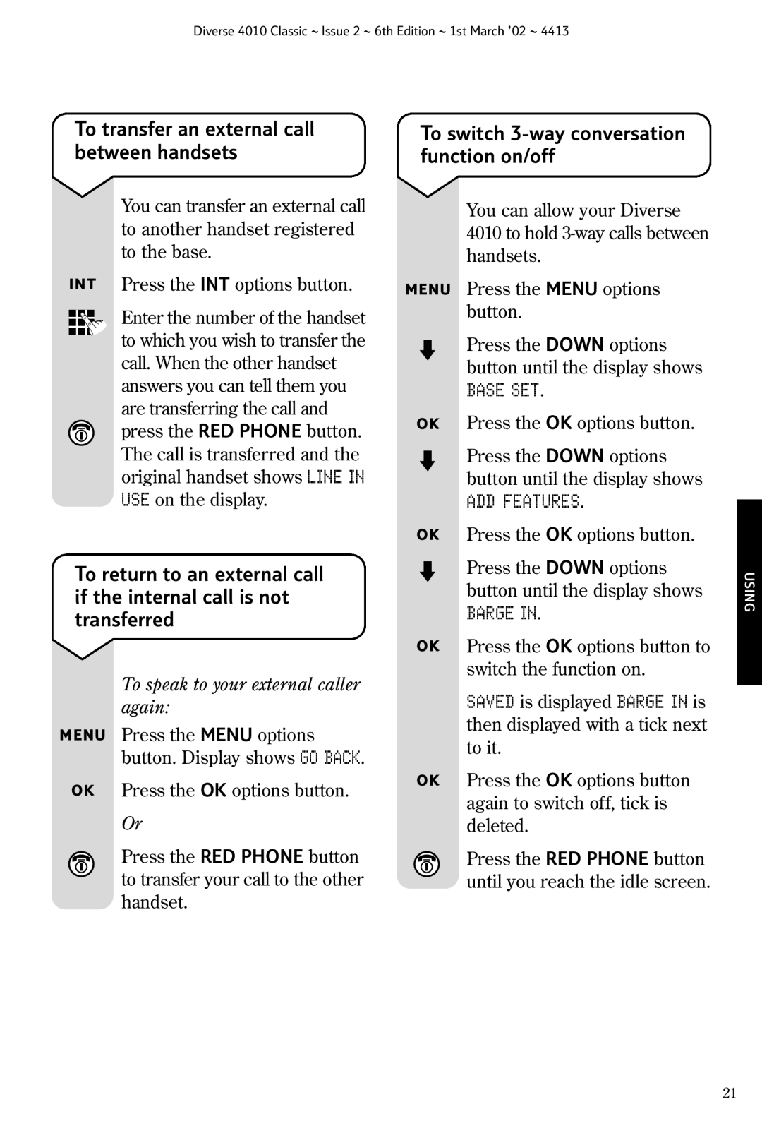 BT 4010 Classic manual To transfer an external call between handsets, To switch 3-way conversation function on/off 