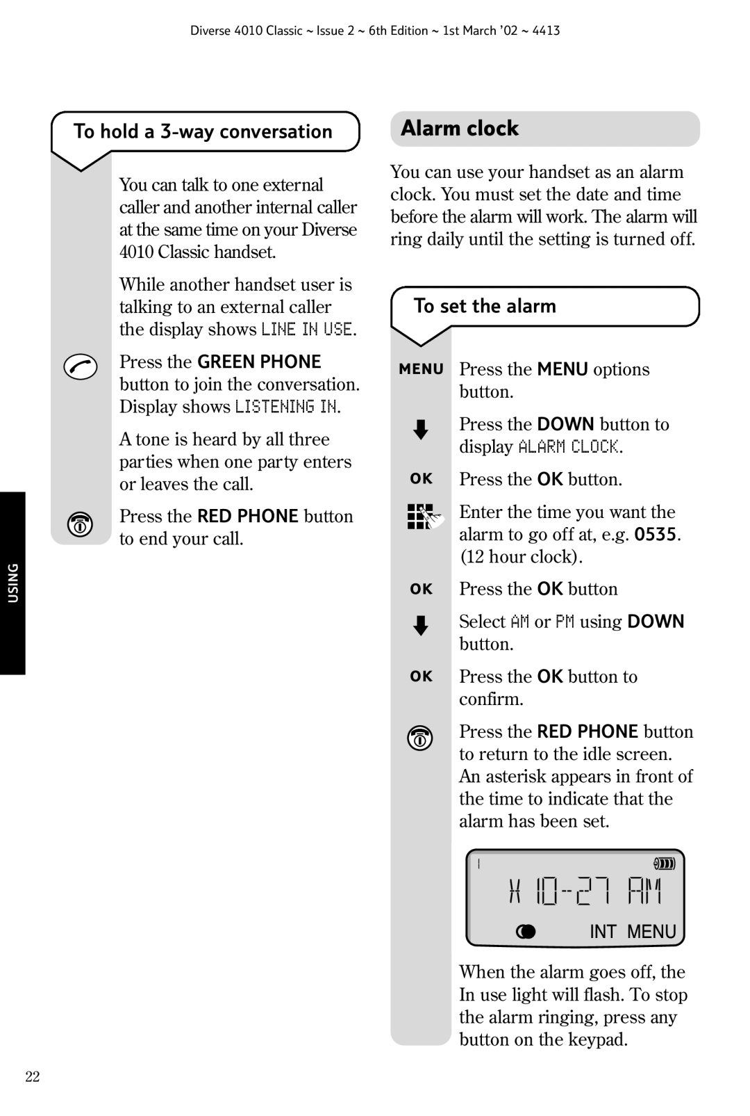 BT 4010 Classic manual To hold a 3-way conversation Alarm clock, To set the alarm 