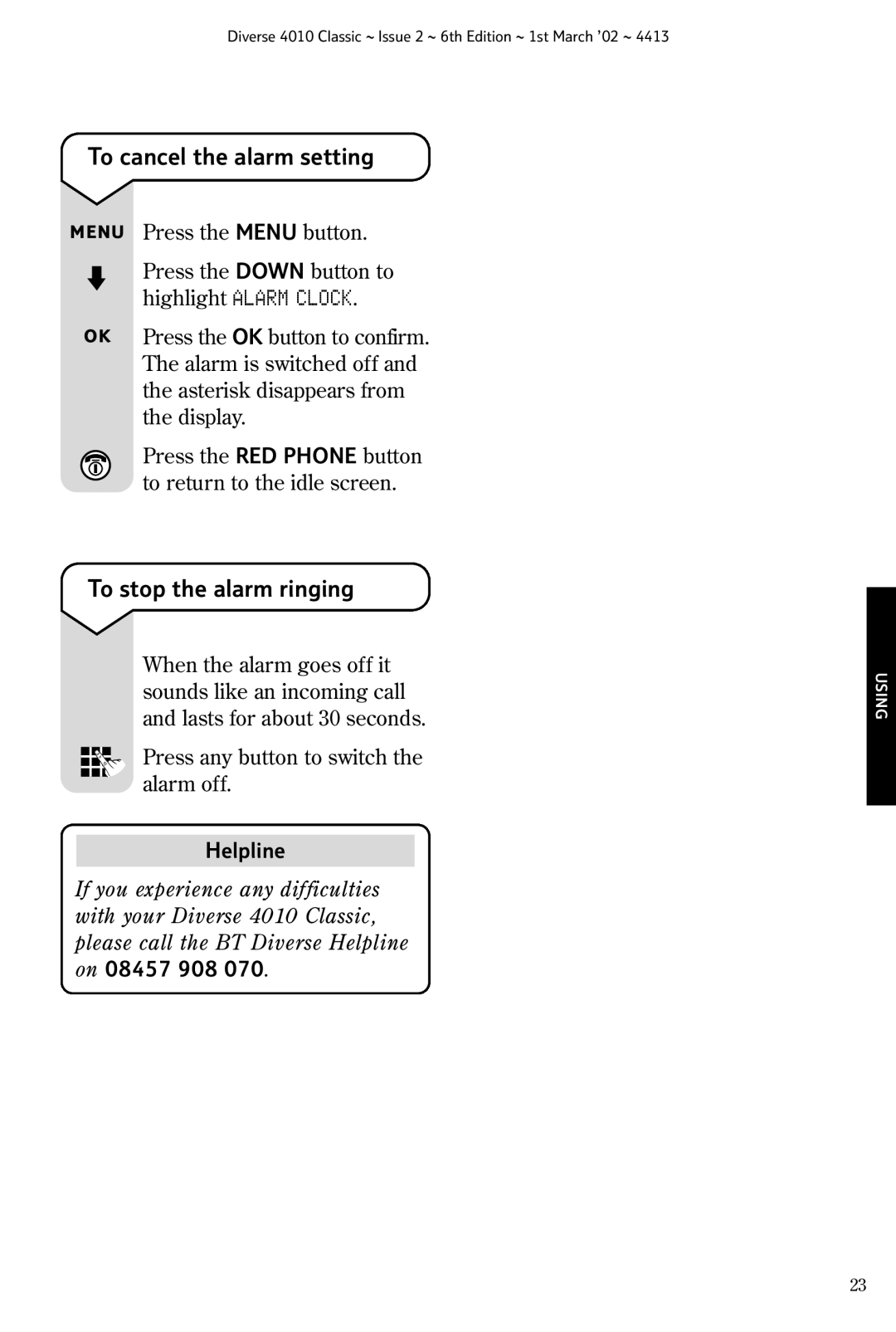 BT 4010 Classic manual To cancel the alarm setting, To stop the alarm ringing 