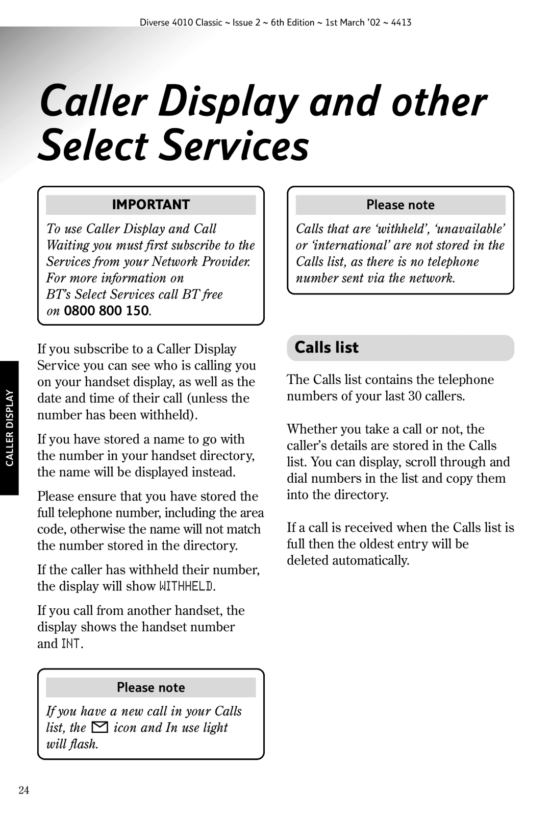 BT 4010 Classic manual Caller Display and other Select Services, Calls list, On 0800 800 