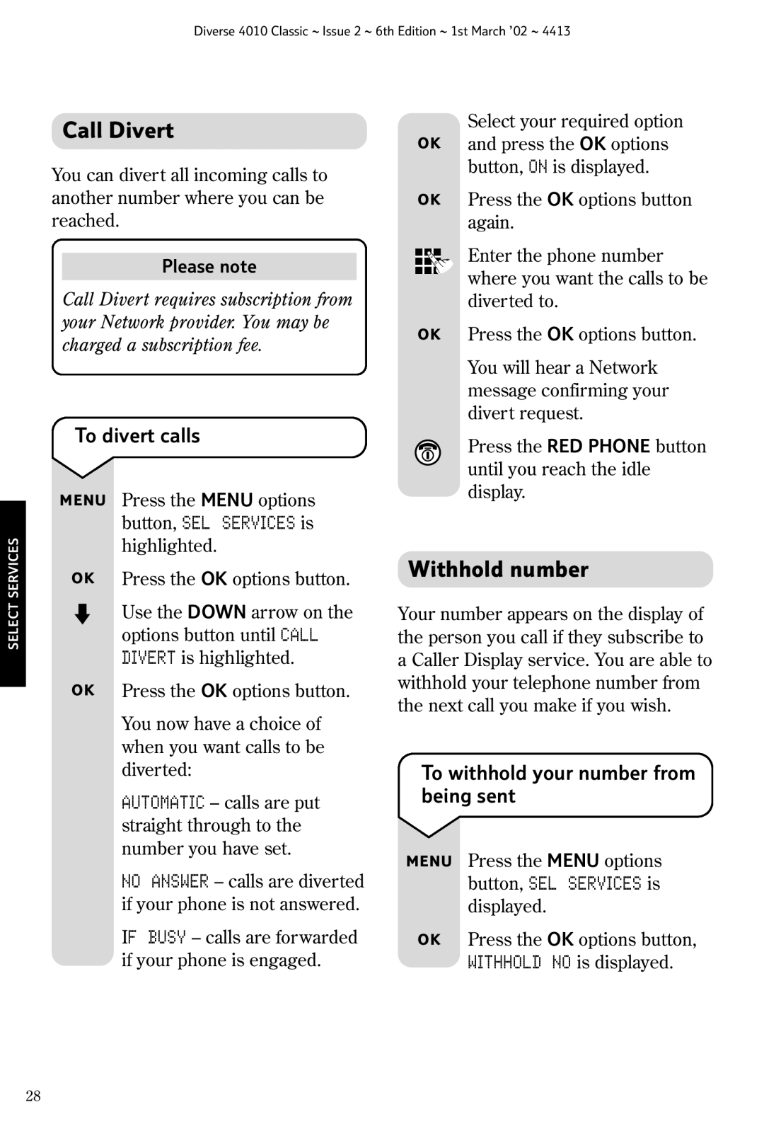 BT 4010 Classic manual Call Divert, Withhold number, To divert calls, To withhold your number from being sent 