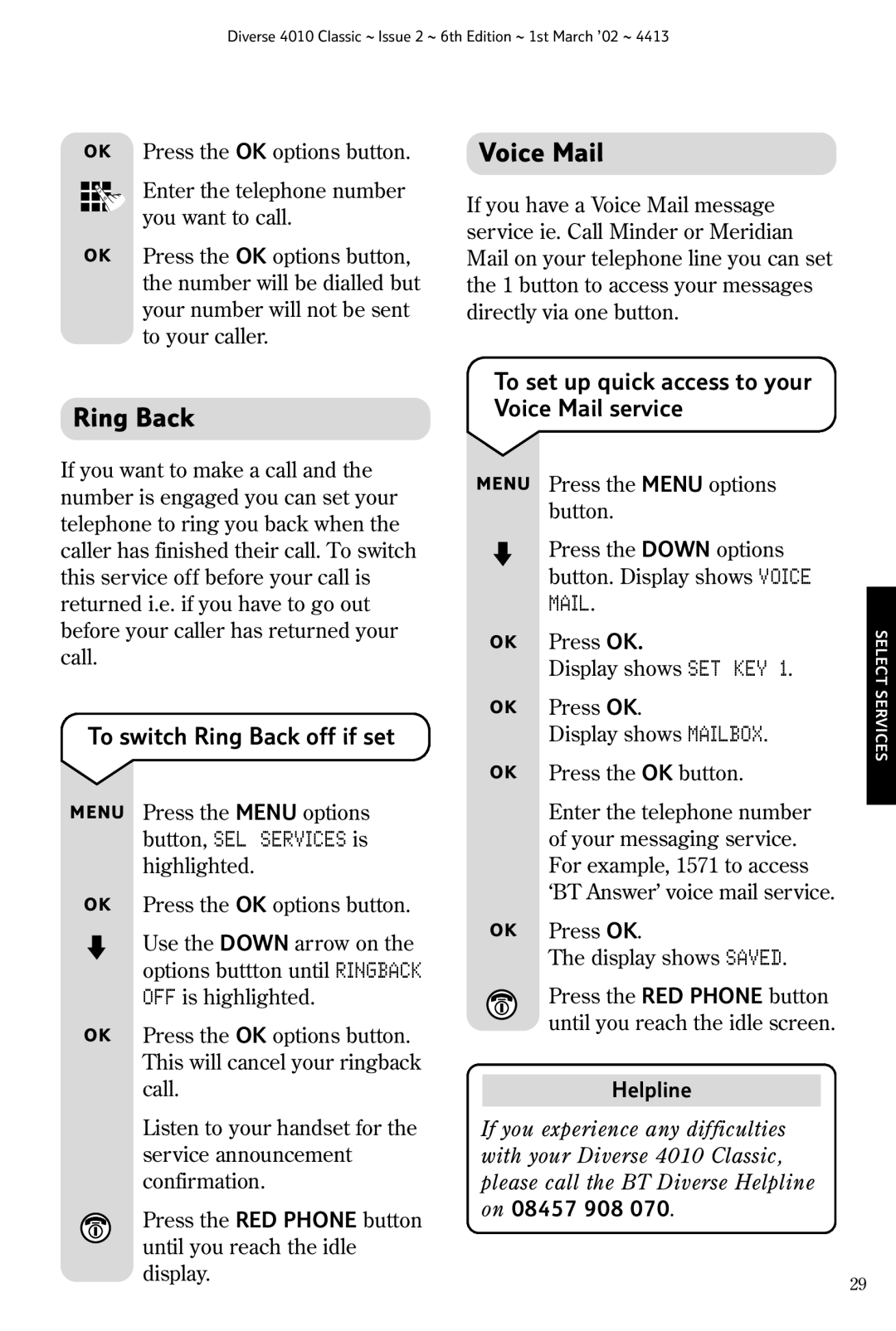 BT 4010 Classic manual To switch Ring Back off if set, To set up quick access to your Voice Mail service 