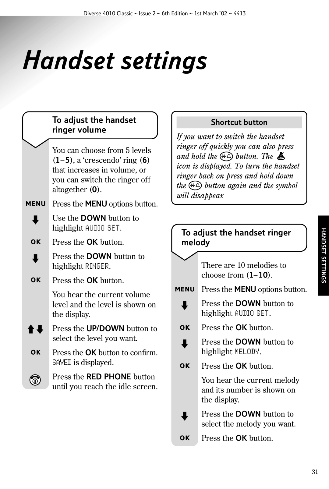 BT 4010 Classic manual Handset settings, Ringer volume, To adjust the handset ringer melody, Shortcut button 