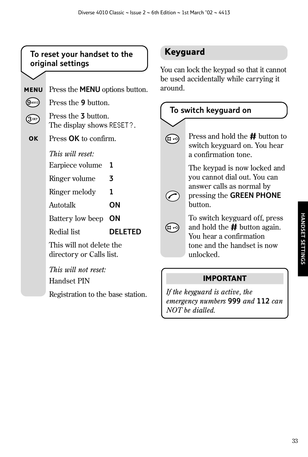 BT 4010 Classic manual Keyguard, To reset your handset to the original settings, To switch keyguard on 