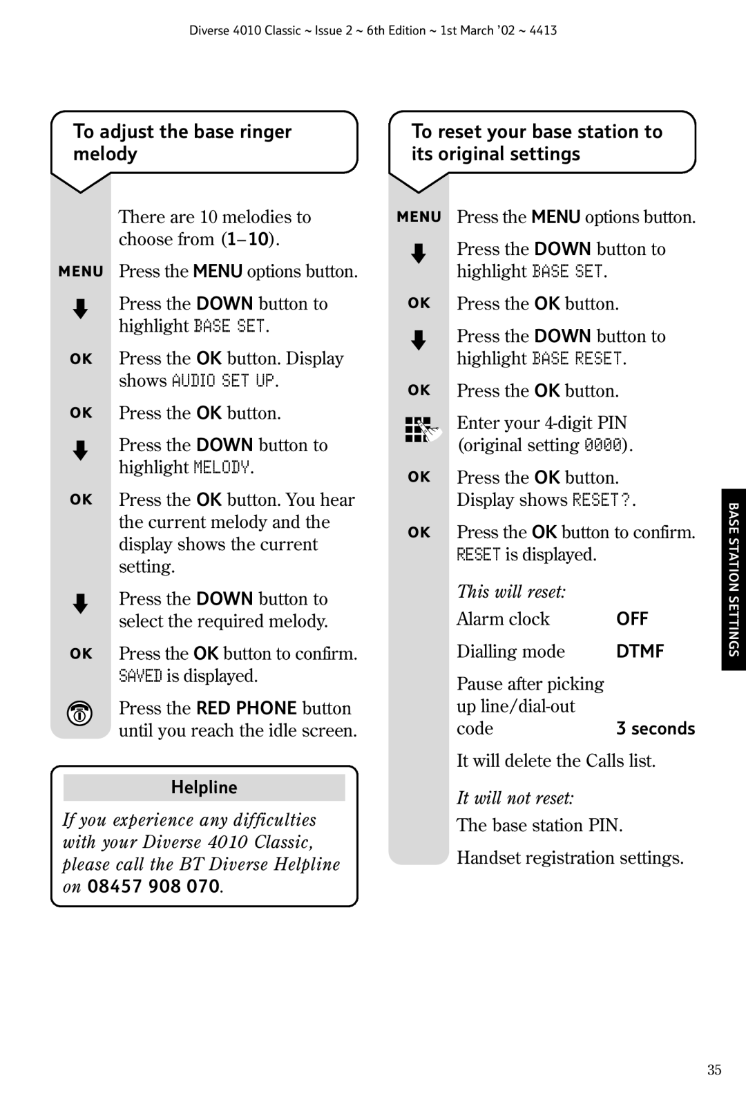 BT 4010 Classic manual To adjust the base ringer melody, To reset your base station to its original settings 