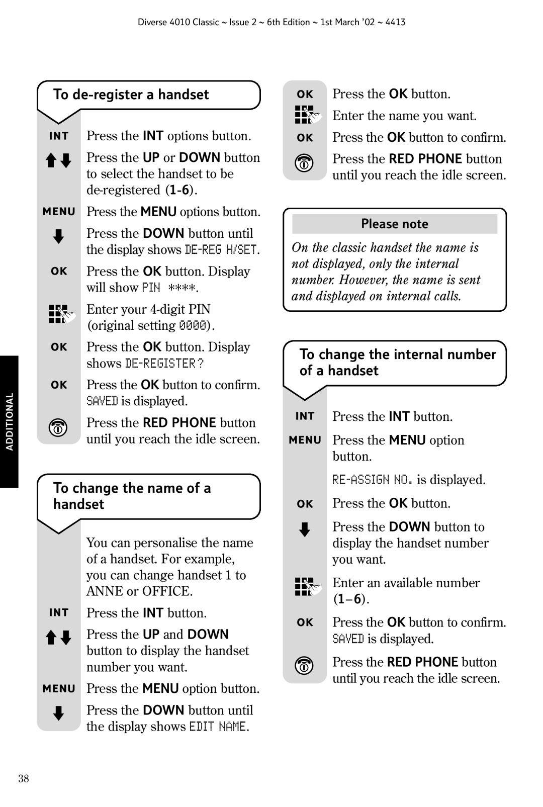 BT 4010 Classic To de-register a handset, To change the name of a handset, To change the internal number of a handset 