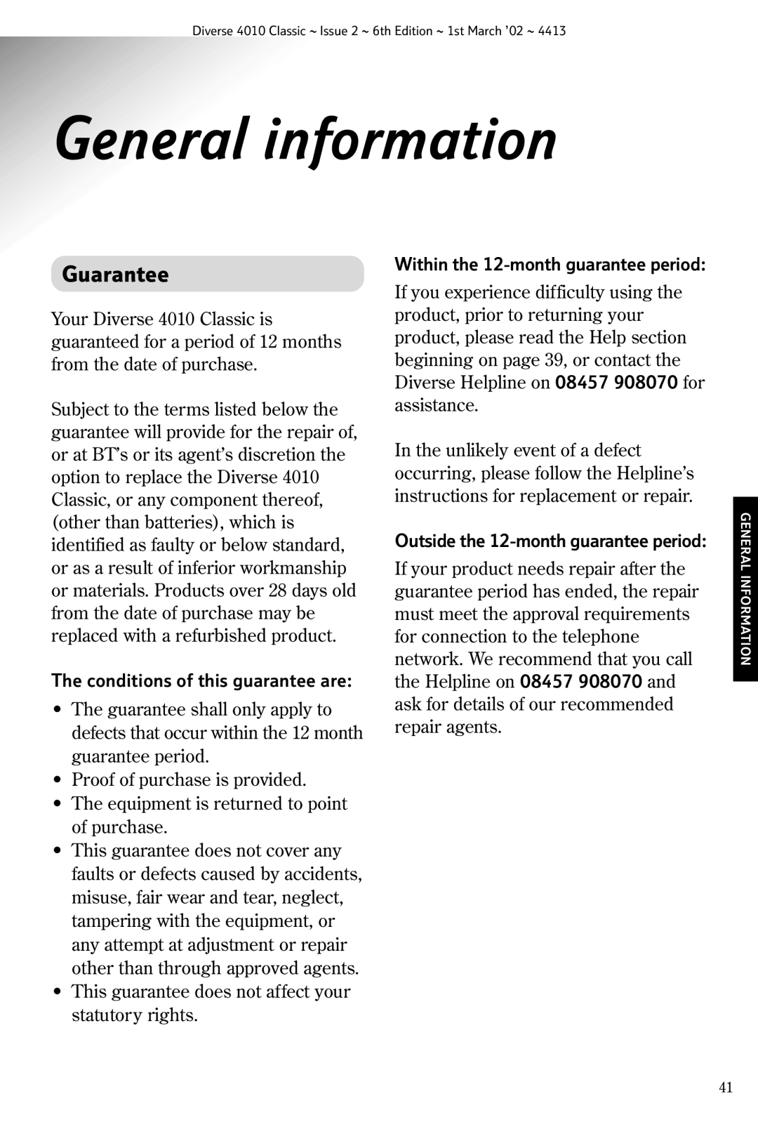 BT 4010 Classic General information, Guarantee, Conditions of this guarantee are, Within the 12-month guarantee period 