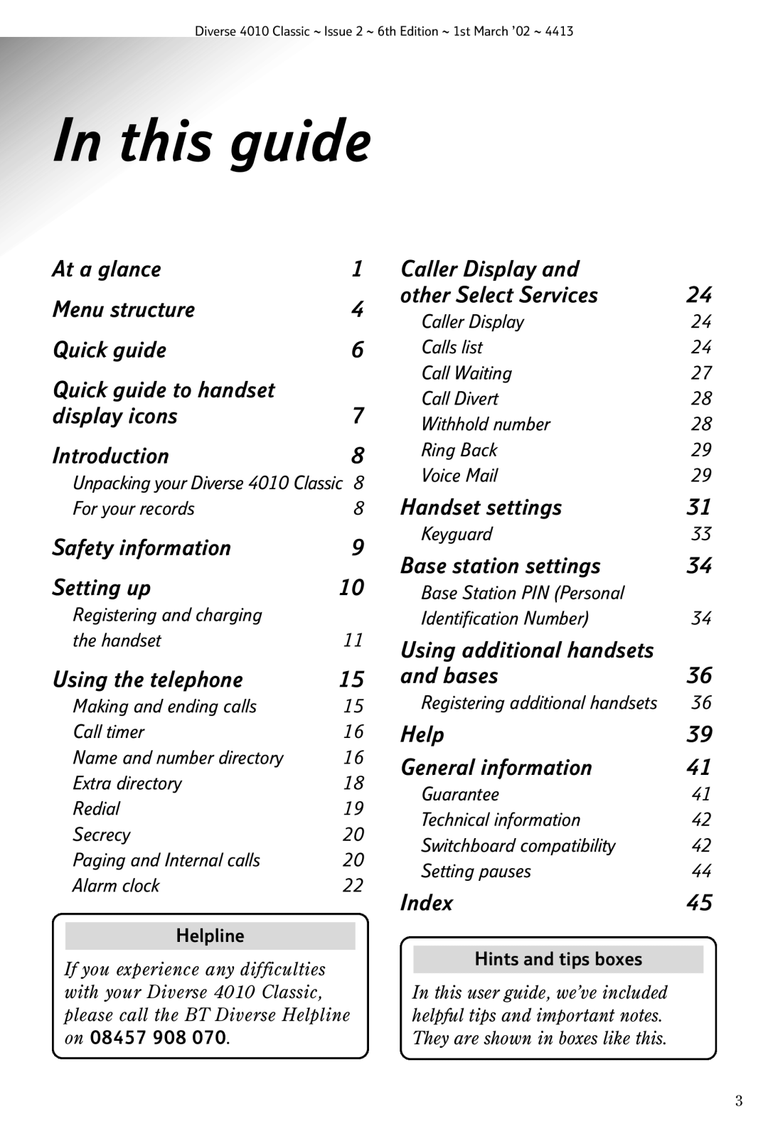 BT 4010 Classic manual This guide, Helpline, On 08457 908 Hints and tips boxes 