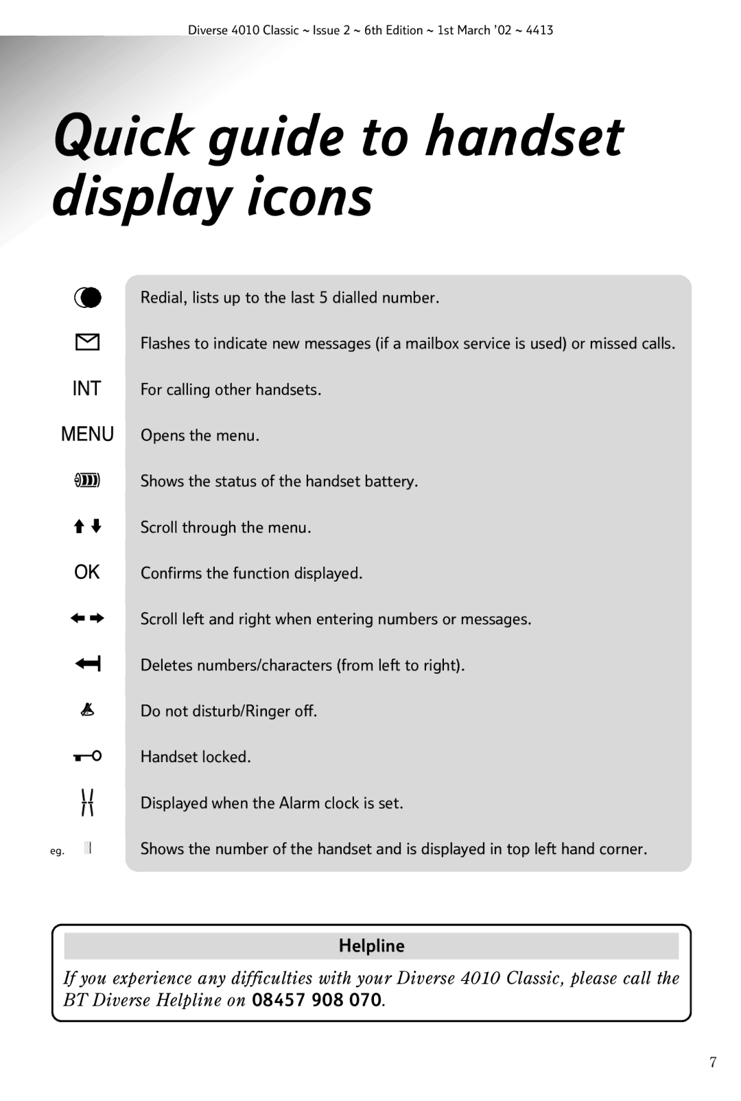 BT 4010 Classic manual Quick guide to handset display icons 