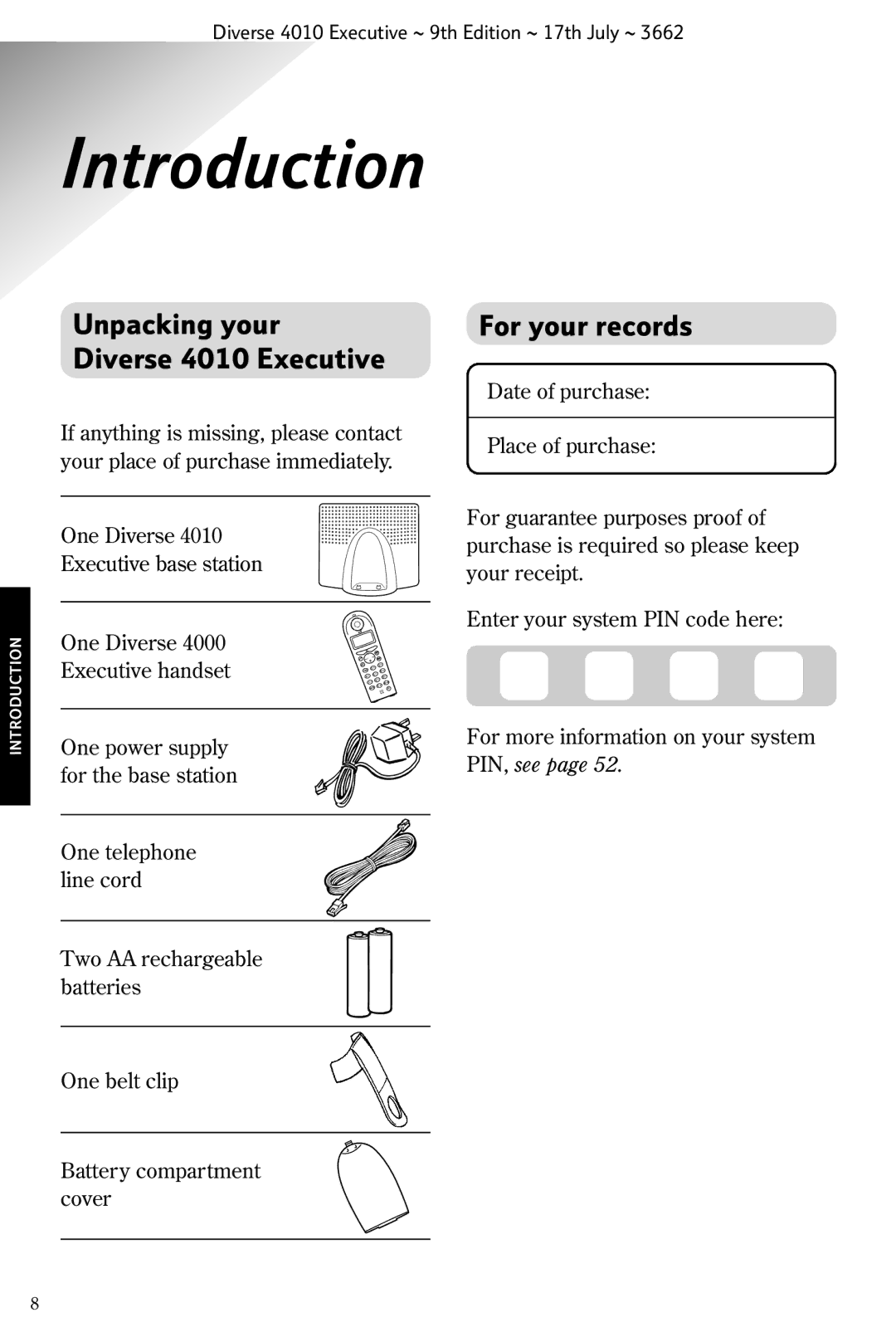 BT manual Introduction, Unpacking your Diverse 4010 Executive, For your records 