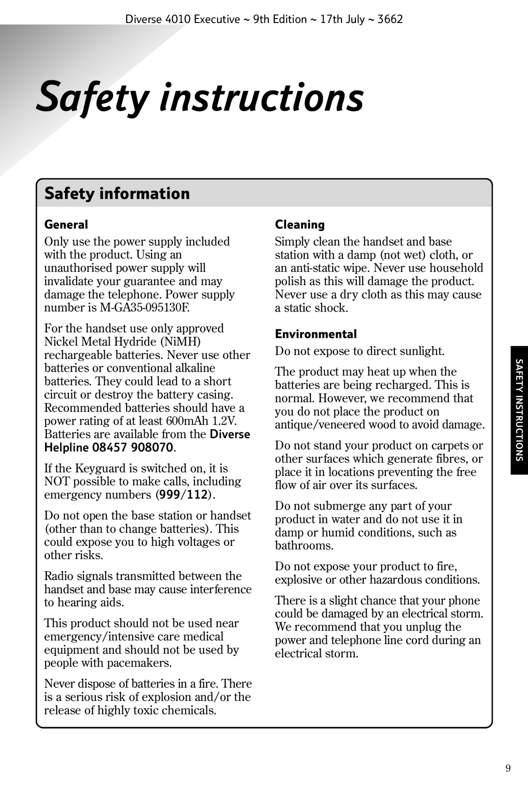 BT 4010 Executive manual Safety instructions, Safety information, General, Cleaning, Environmental 