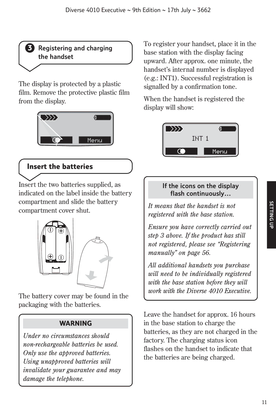 BT 4010 Executive manual Insert the batteries, Registering and charging the handset 