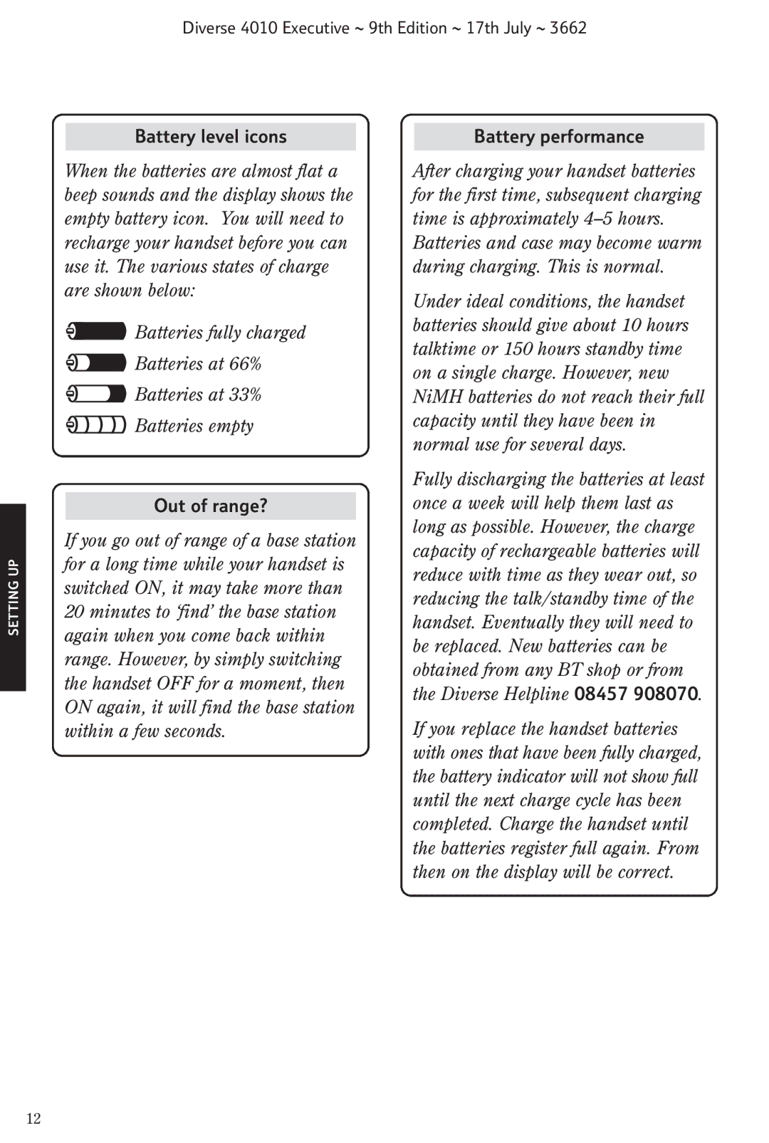 BT 4010 Executive manual Battery level icons, Out of range?, Battery performance 