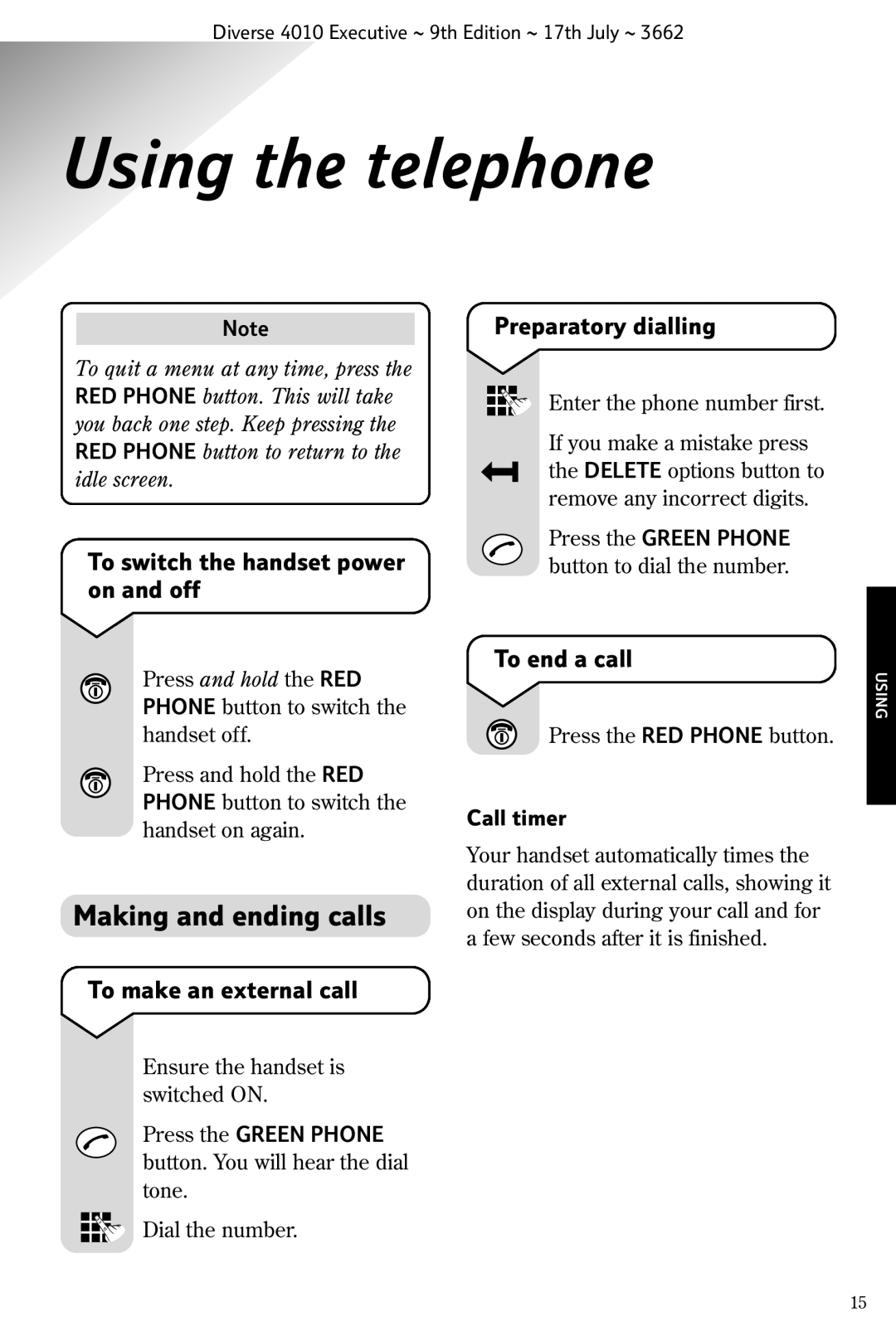 BT 4010 Executive manual Using the telephone, Making and ending calls 