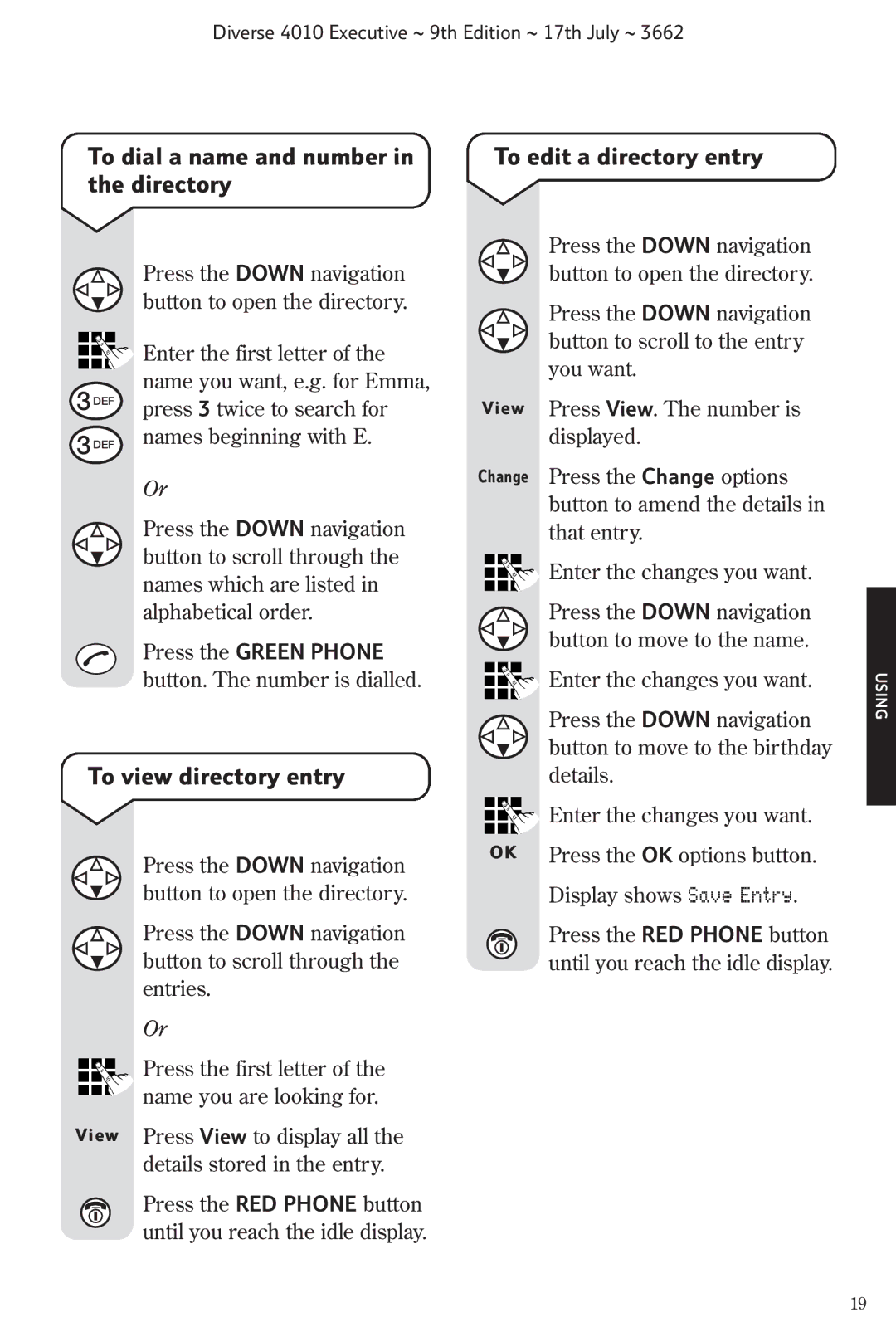 BT 4010 Executive manual To dial a name and number in the directory, To view directory entry, To edit a directory entry 